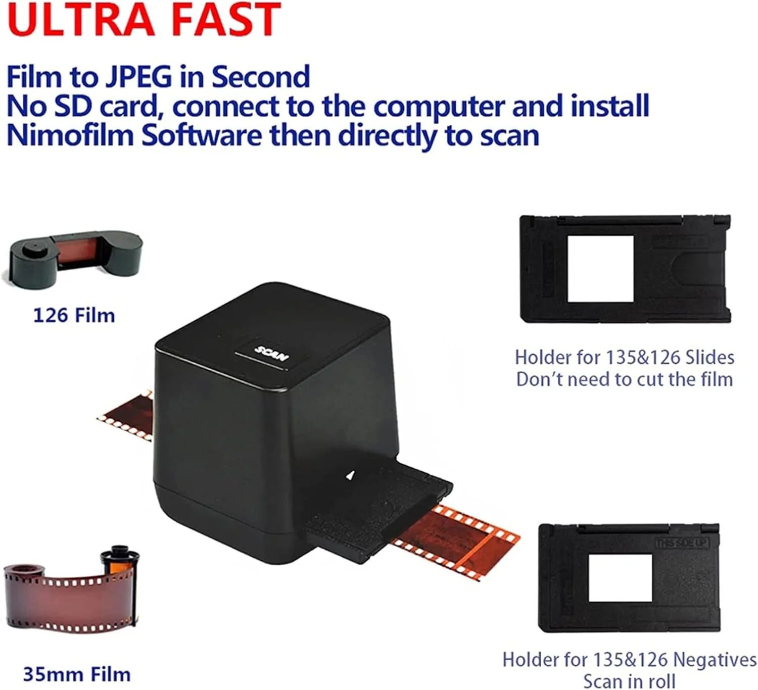 اسکنر اسلاید و فیلم، ساخته شده از مواد ABS، اسکنر نگاتیو فیلم 135 با کیفیت بالا 17 میلیون پیکسلی، قابل حمل و بادوام