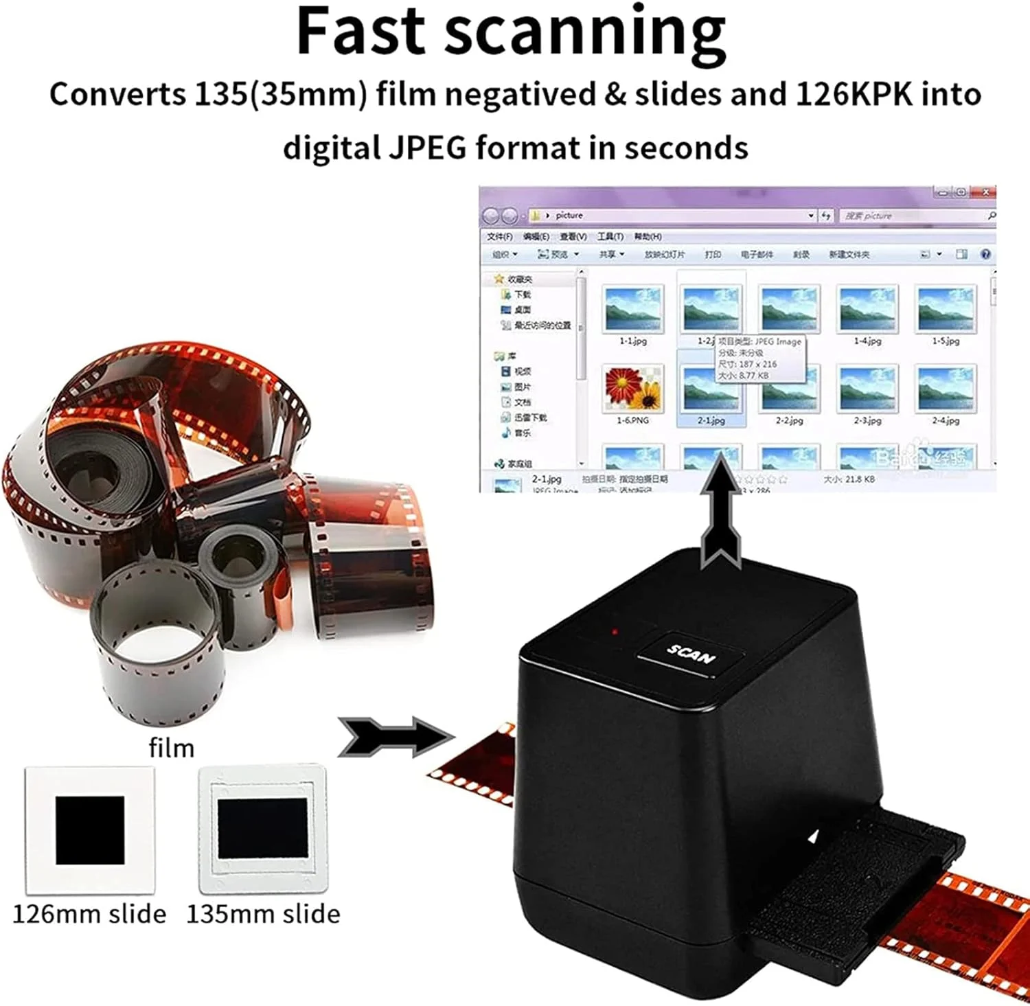 اسکنر اسلاید و فیلم، ساخته شده از مواد ABS، اسکنر نگاتیو فیلم 135 با کیفیت بالا 17 میلیون پیکسلی، قابل حمل و بادوام