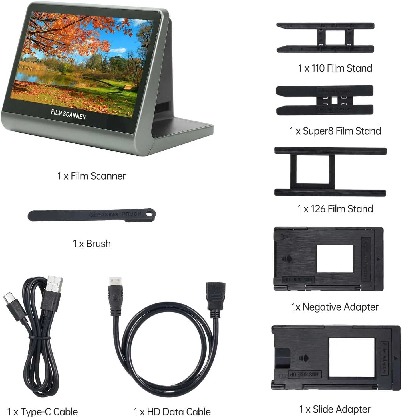 اسکنر فیلم و اسلاید برای فیلم 135 (36 * 24 میلی متر)، 126KPK، فیلم 110، Super8، تک رنگ، اسلاید به JPEG دیجیتال، حافظه داخلی 16 گیگابایتی، صفحه نمایش LCD 7 اینچی، پشتیبانی از برنامه رایگان، نمایشگر 48W Pels، اتصال
