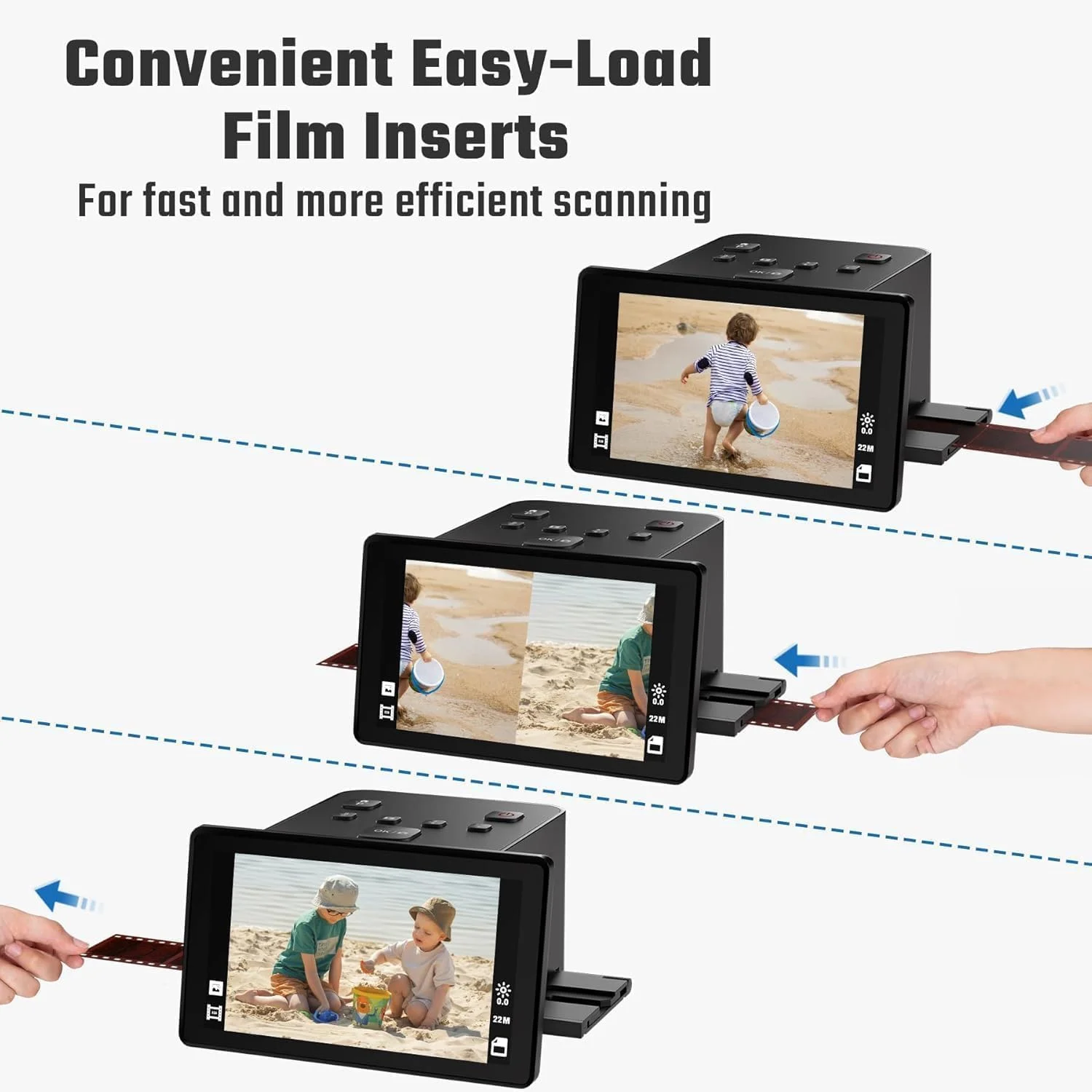 اسکنر فیلم و اسلاید، تبدیل آسان نگاتیوها و اسلایدهای رنگی و سیاه و سفید 35 میلی‌متری، 126، 110 به عکس‌های دیجیتال - دارای صفحه نمایش 5 اینچی LCD و درج آسان فیلم