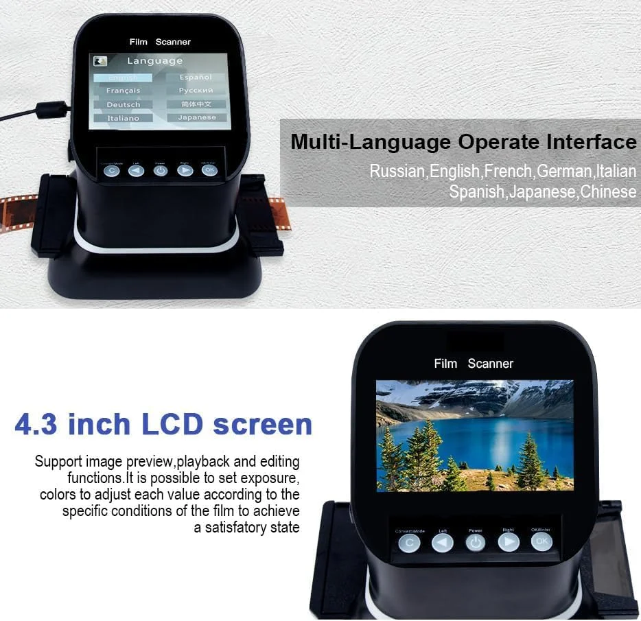 اسکنر اسلاید فیلم، مبدل عکس دیجیتال با صفحه نمایش 4.3 اینچی LCD، 22 میلیون پیکسل، تبدیل نگاتیو و اسلاید های 35 میلی متری، 135، 126، 127 به JPEG دیجیتال، رابط کاربری چند زبانه، شارژ USB