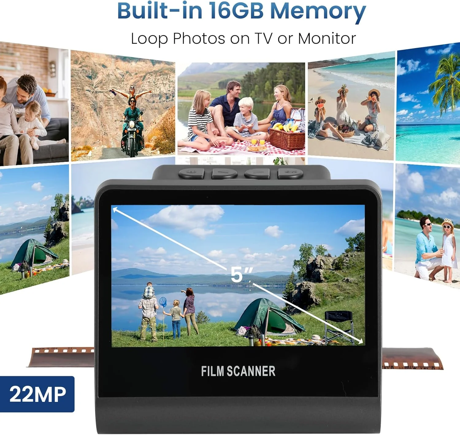 اسکنر فیلم و اسلاید 22 مگاپیکسلی با صفحه نمایش 5 اینچی LCD، تبدیل نگاتیو و اسلایدهای رنگی و سیاه و سفید 35 میلی متری، 126، 110 فیلم به عکس های دیجیتال JPEG با وضوح بالا