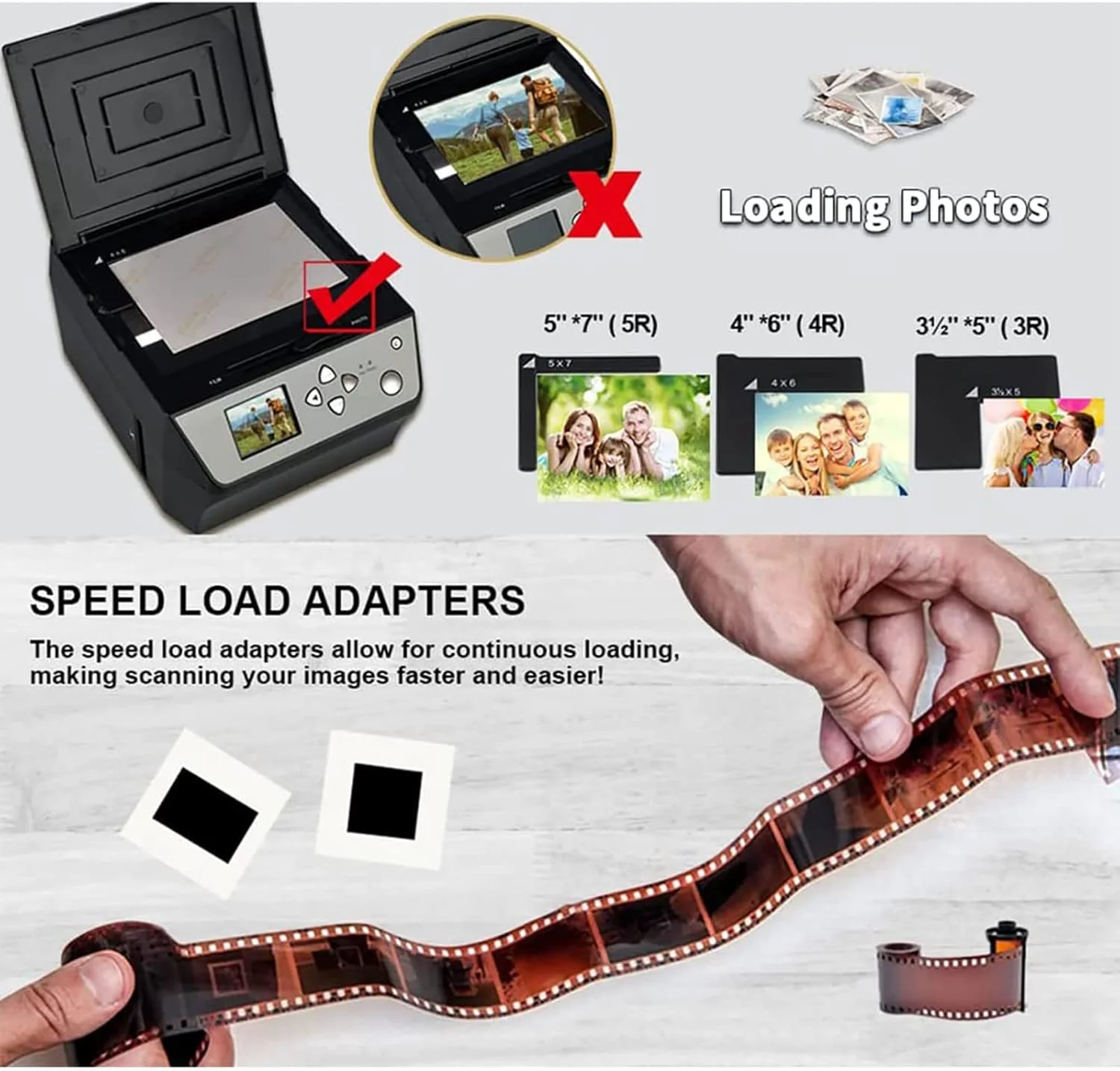 اسکنر فیلم، اسکنر اسلاید، تبدیل فیلم های 35 میلی متری رنگی و سیاه و سفید، پشتیبانی از خروجی USB برای نگاتیوها، اسلایدها، عکس ها، اسناد و کارت ویزیت به عکس های دیجیتال JPEG، 22 مگاپیکسل