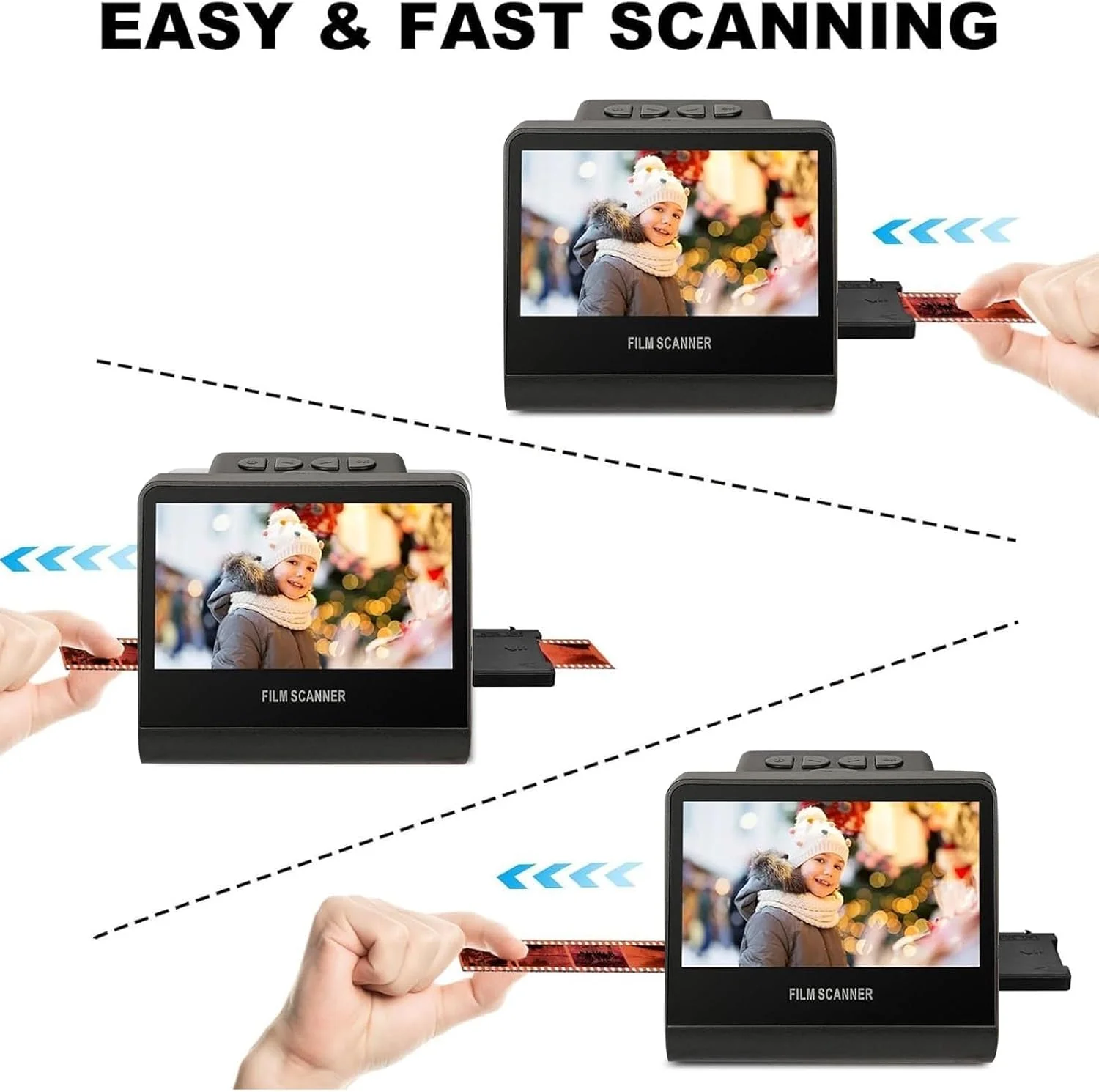 اسکنر فیلم و اسلاید 22 مگاپیکسلی با صفحه نمایش بزرگ 5 اینچی LCD، تبدیل اسلایدها و نگاتیوها به عکس های دیجیتال، حافظه 16 گیگابایتی، تبدیل نگاتیوهای سیاه و سفید به عکس های JPEG