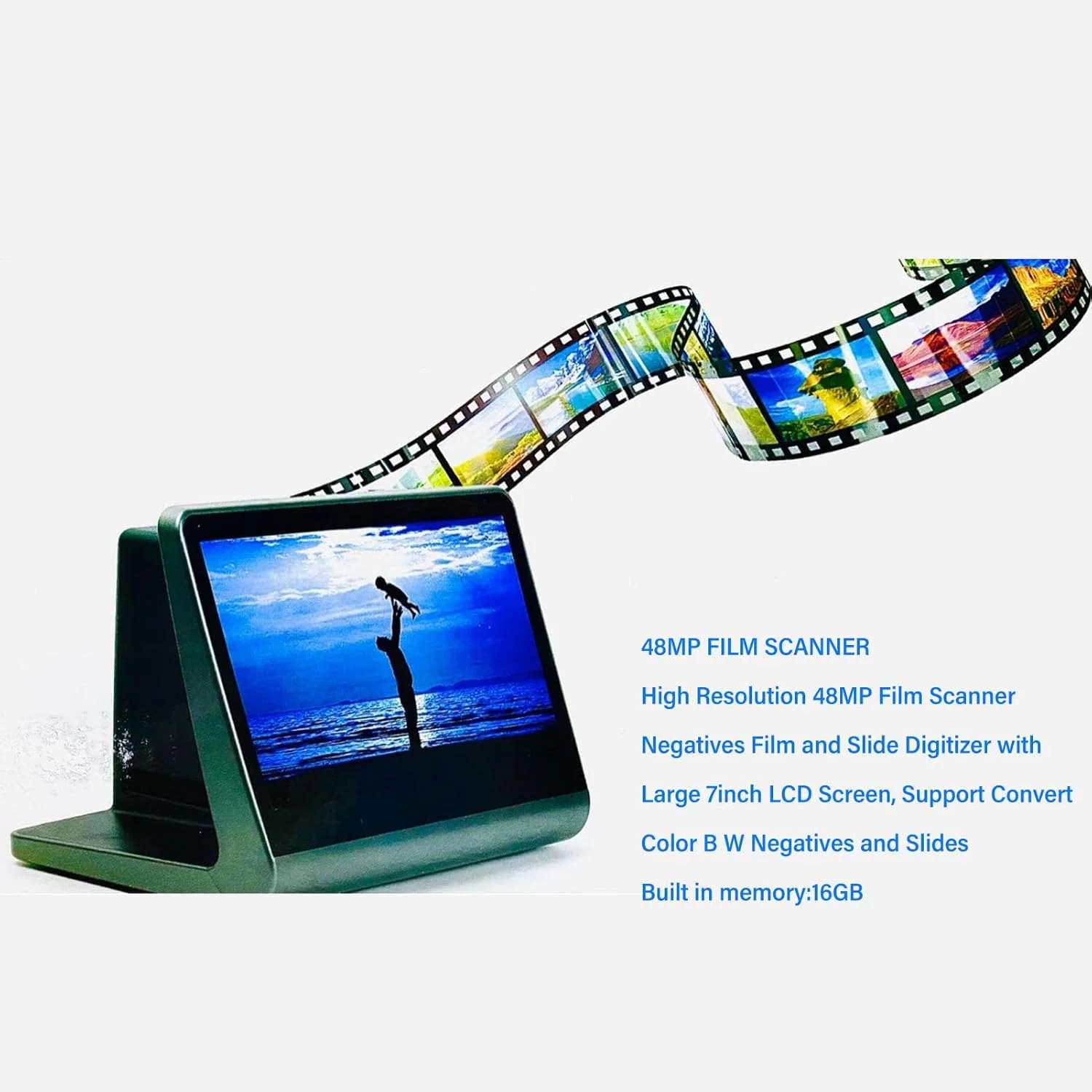 اسکنر فیلم 48 مگاپیکسلی با کیفیت بالا با صفحه نمایش 7 اینچی، اسکنر سریع اسلاید فیلم برای 135 126KPK 110 سوپر 8 میلی متری، همه در یک برای تبدیل سریع عکس