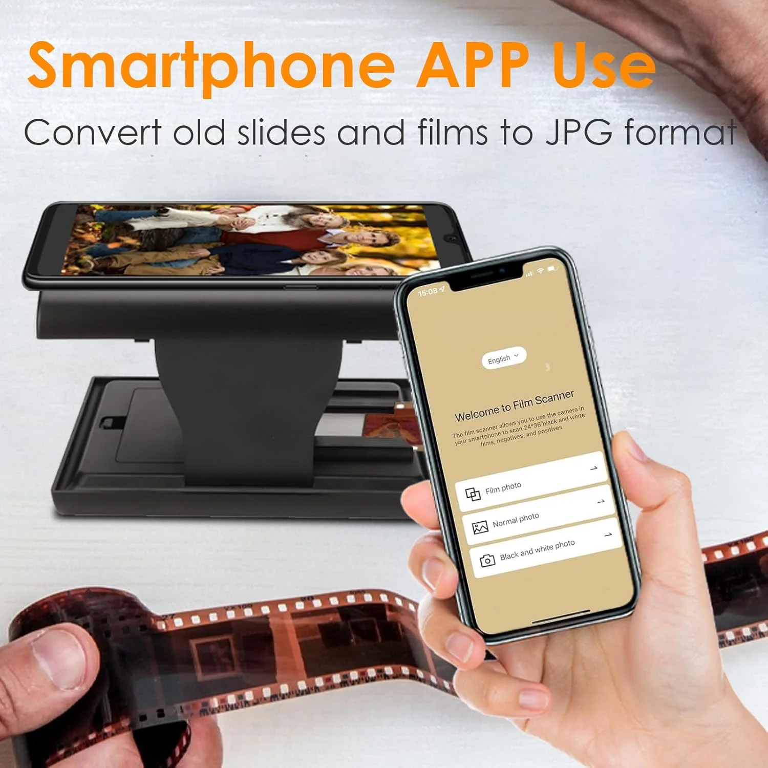 اسکنر فیلم موبایل Sanpyl، اسکنر تاشو اسلاید و نگاتیو 35 میلی‌متری برای تبدیل اسلایدهای قدیمی به JPG در تلفن هوشمند، دارای نور پس‌زمینه LED داخلی، پشتیبانی از ویرایش و اشتراک‌گذاری برنامه