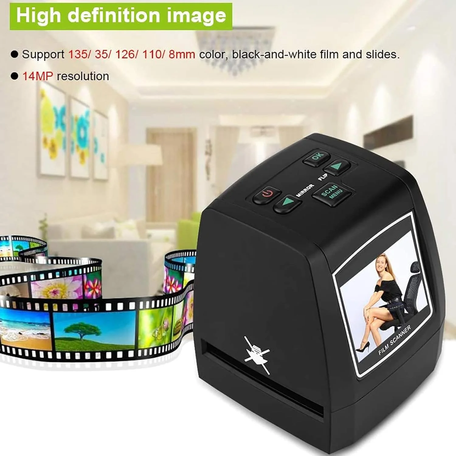 اسکنر فیلم با وضوح بالا، اسکنر فیلم نگاتیو اسلاید 8 میلی متری، پشتیبانی از کارت حافظه SD 32G، نور پس زمینه LED، مناسب برای انواع مختلف اسلایدهای فیلم