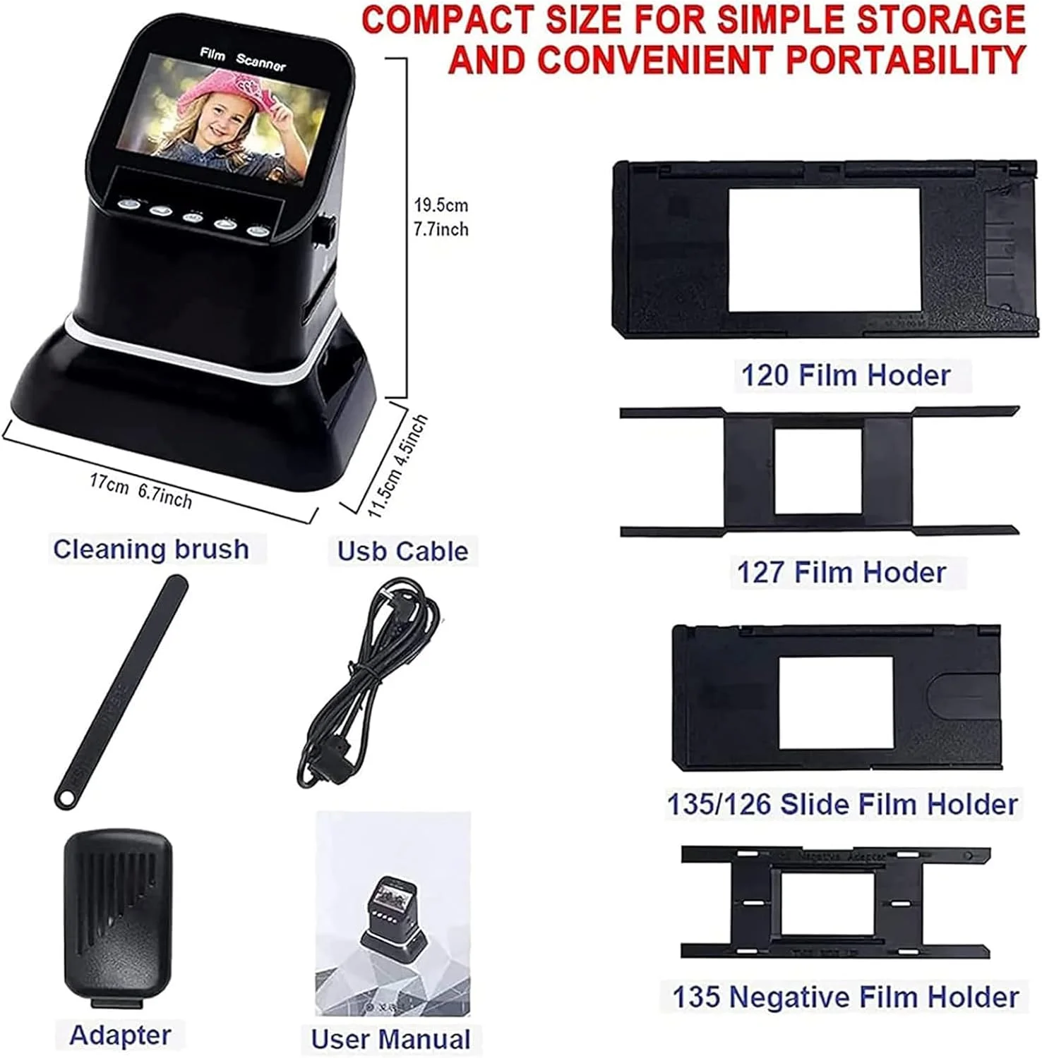 اسکنر فیلم با رزولوشن بالا 120، اسکنر اسلاید فیلم LCD 4.3 اینچی، تبدیل کننده فیلم دیجیتال 1080p، تبدیل نگاتیو و اسلاید های 35 میلی متری، 135، 126، 127 به JPEG دیجیتال، پشتیبانی از پیش نمایش، پخش و ویرایش تصویر