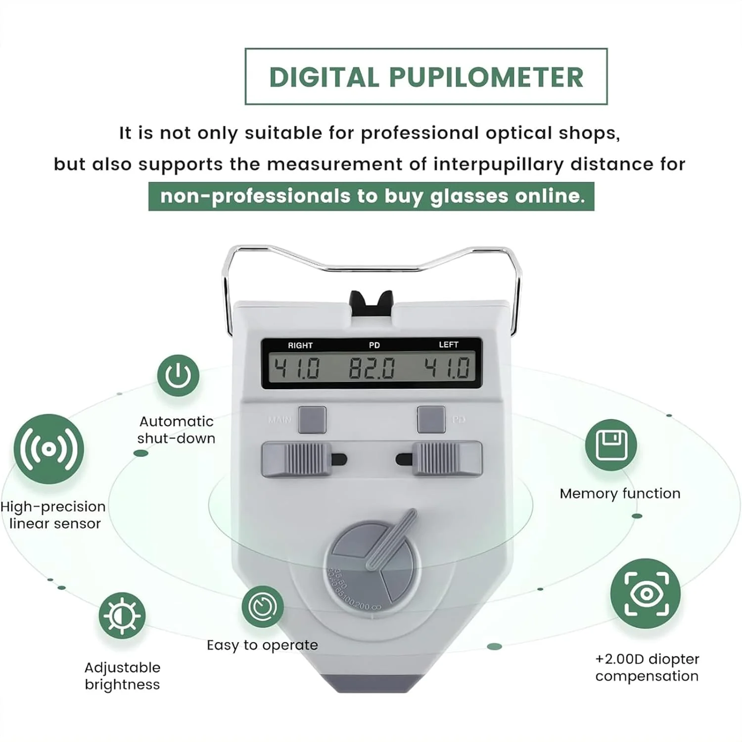فاصله سنج مردمک دیجیتال نوری، ابزار نوری با تنظیم فاصله 30 سانتی متر تا +∞، محدوده 45-82 میلی متر، تنظیم خاموش شدن خودکار، مناسب برای بینایی سنجی و تست و فیتینگ عینک