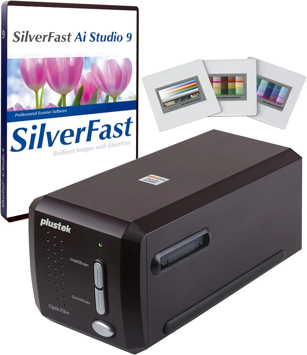 اسکنر فیلم Plustek OpticFilm 8300i Ai - تبدیل فیلم 35 میلی متری و اسلاید به دیجیتال، بسته نرم افزاری SilverFast Ai Studio 9 + QuickScan Plus، شامل هدف کالیبراسیون پیشرفته IT8 (3 اسلاید)