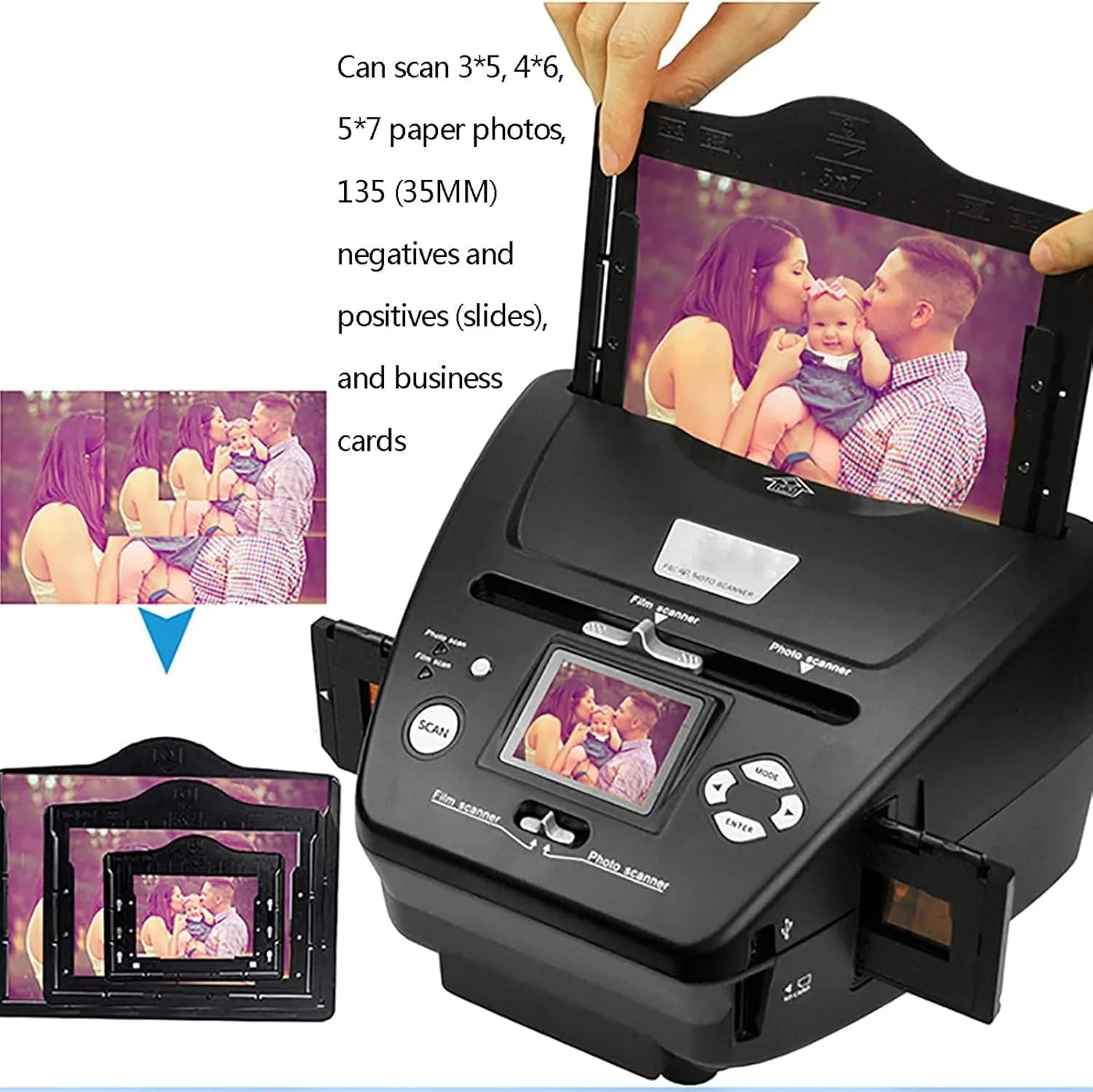 اسکنر فیلم و اسلاید، اسکنر نگاتیو 16 مگاپیکسلی، صفحه نمایش LCD 2.4 اینچی، تبدیل اسلایدها و نگاتیوهای 35 میلیمتری/135 به عکسهای دیجیتال JPG، سازگار با انواع مختلف اسلایدهای فیلم اسکنر فیلم و اسلاید، اسکنر نگاتیو 16 مگاپیکسلی، صفحه نمایش LCD 2.4 اینچی، تبدیل اسلایدها و نگاتیوهای 35 میلیمتری/135 به عکسهای دیجیتال JPG، سازگار با انواع مختلف اسلایدهای فیلم