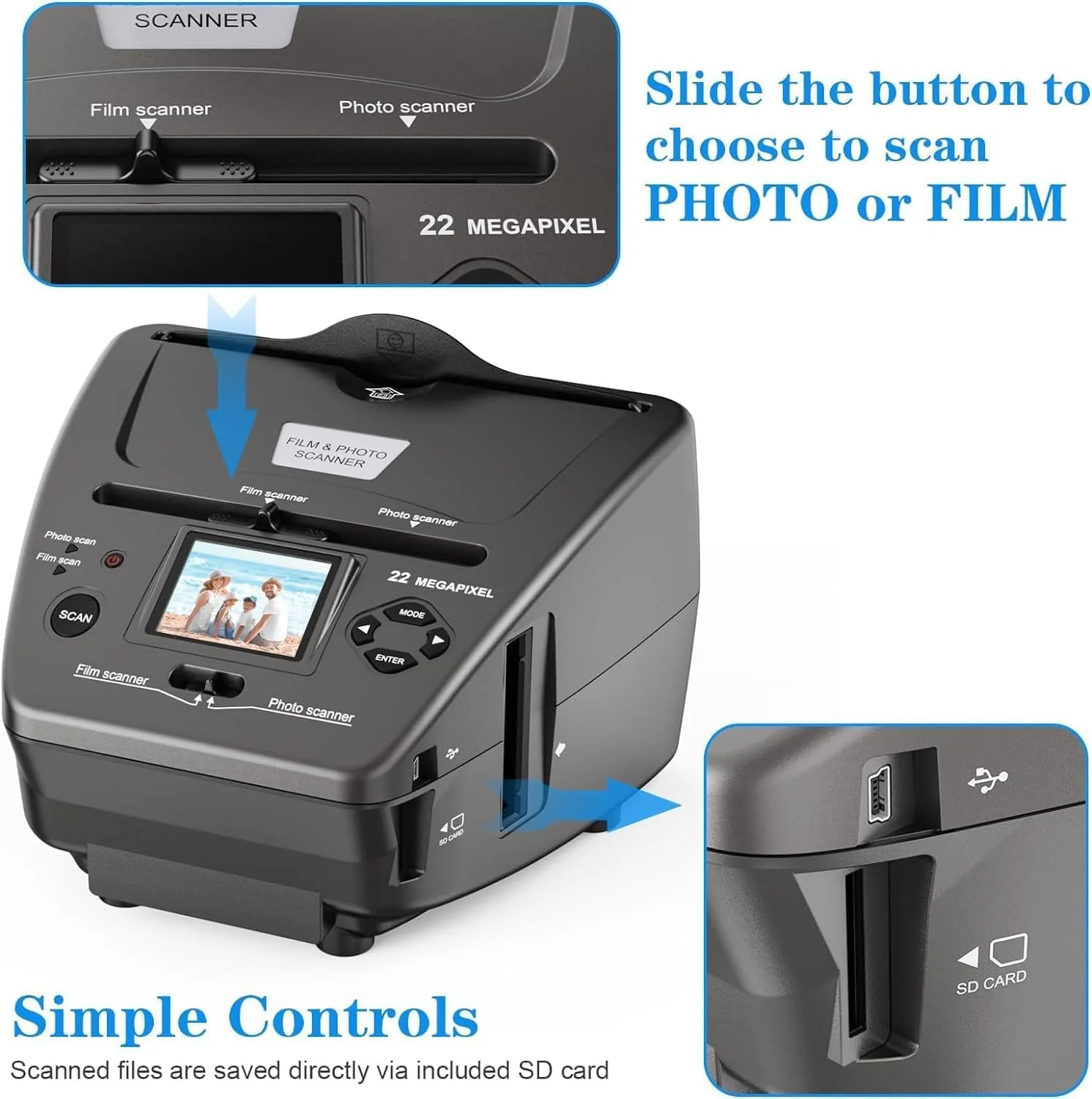 اسکنر اسلاید و نگاتیو عکس برای اسکن عکس های 4x6 و 5x7، تبدیل اسلایدها و نگاتیوهای فیلم 35mm/135 به دیجیتال، صفحه نمایش LCD 2.4 اینچی، کارت SD 4 گیگابایتی شامل اسکنر اسلاید و نگاتیو عکس برای اسکن عکس های 4x6 و 5x7، تبدیل اسلایدها و نگاتیوهای فیلم 35mm/135 به دیجیتال، صفحه نمایش LCD 2.4 اینچی، کارت SD 4 گیگابایتی شامل