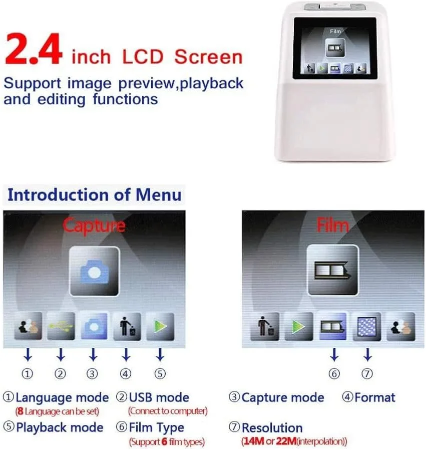 اسکنر فیلم نگاتیو، اسکنر دیجیتال فیلم و اسلاید، صفحه نمایش LCD 2.4 اینچی، تبدیل فیلم ها/اسلایدها/نگاتیوهای 135، 110، 126 و سوپر 8 به عکس های JPEG دیجیتال، حافظه داخلی 128 مگابایتی
