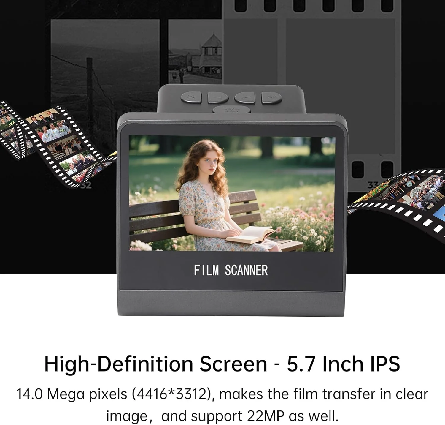 اسکنر فیلم و اسلاید برای فیلم 135 با ابعاد 36 * 24 میلی متر، 126KPK، فیلمبرداری 110، Super8، اسلاید به عکس های دیجیتال JPEG با حافظه 16 گیگابایتی، صفحه نمایش ال سی دی 5 اینچی، پشتیبانی از برنامه، اتصال به کامپیوتر و تلویزیون