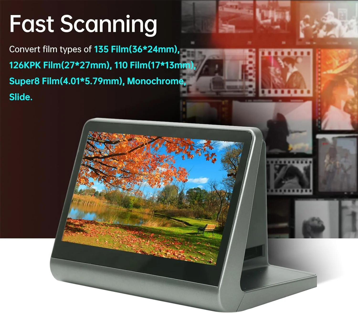 اسکنر فیلم و اسلاید Labymos برای فیلم 135 (36 * 24 میلی متر) / 126KPK / 110 فیلم / Super8 / تک رنگ / اسلاید به عکس های JPEG دیجیتال حافظه داخلی 16 گیگابایتی صفحه نمایش LCD 7 اینچی پشتیبانی از APP نمایشگر 48W پیکسل