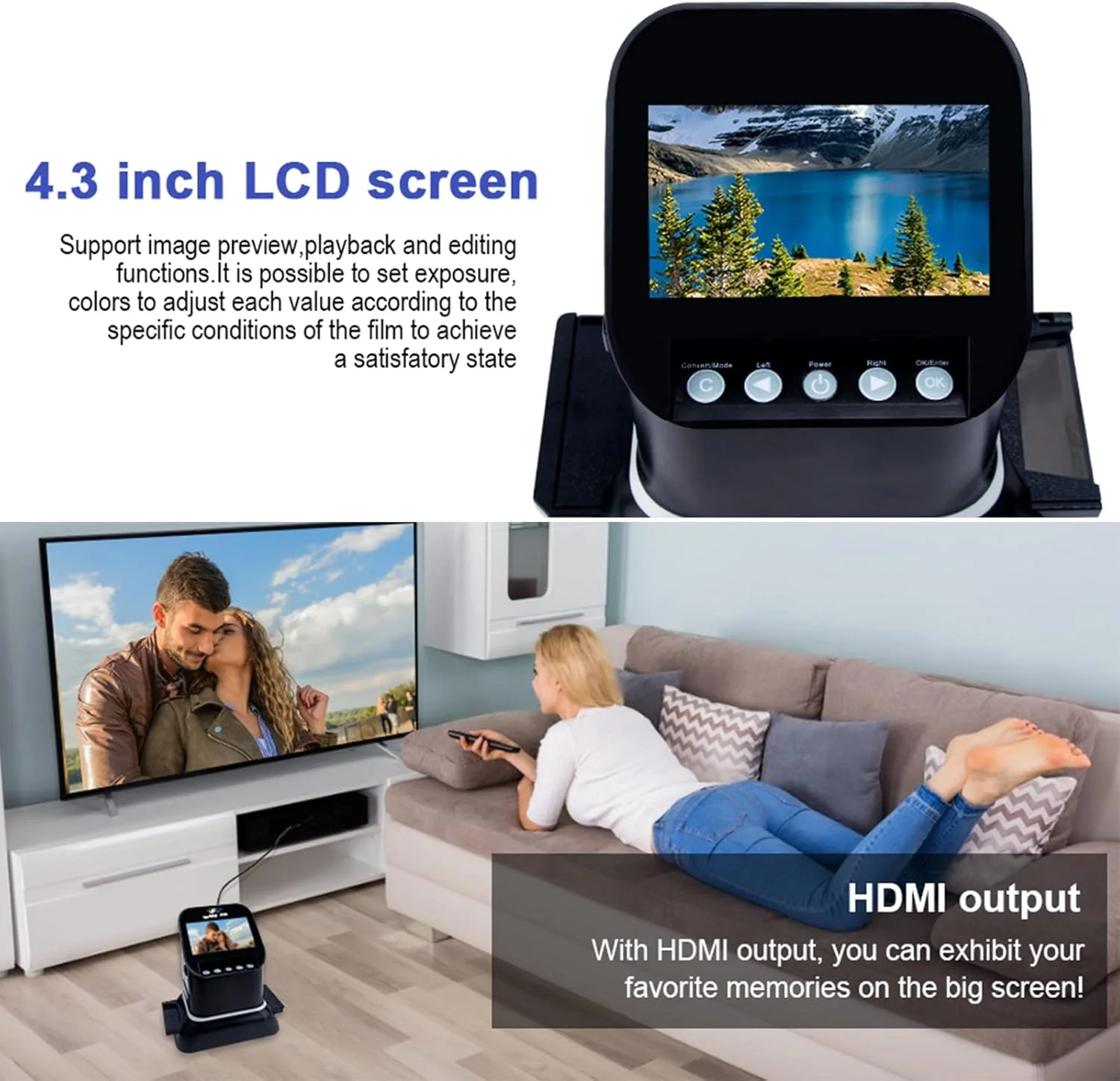 اسکنر اسلاید فیلم دیجیتال با صفحه نمایش رنگی 4.3 اینچی LCD، مبدل عکس فیلم برای Win10/ Win8/ Win7/ Win XP/Win Vista اسکنر اسلاید فیلم دیجیتال با صفحه نمایش رنگی 4.3 اینچی LCD، مبدل عکس فیلم برای Win10/ Win8/ Win7/ Win XP/Win Vista