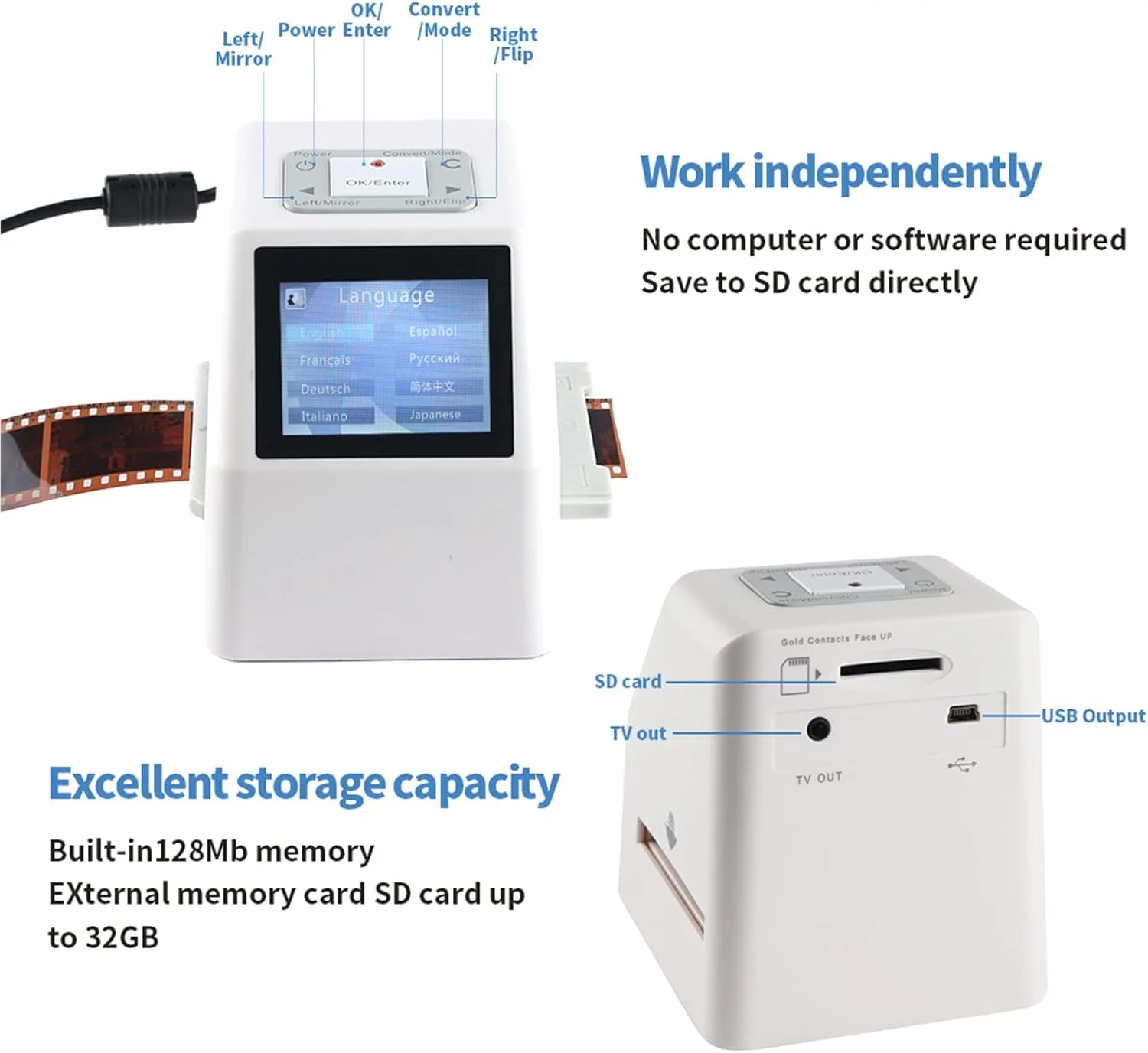 اسکنر فیلم قابل حمل، اسکنر نگاتیو، صفحه نمایش 2.4 اینچی LCD، اسکنر اسلاید مناسب برای Win10/ Win8/ Win7/ Win XP/Win Vista/ Mac10.7.3 اسکنر فیلم قابل حمل، اسکنر نگاتیو، صفحه نمایش 2.4 اینچی LCD، اسکنر اسلاید مناسب برای Win10/ Win8/ Win7/ Win XP/Win Vista/ Mac10.7.3