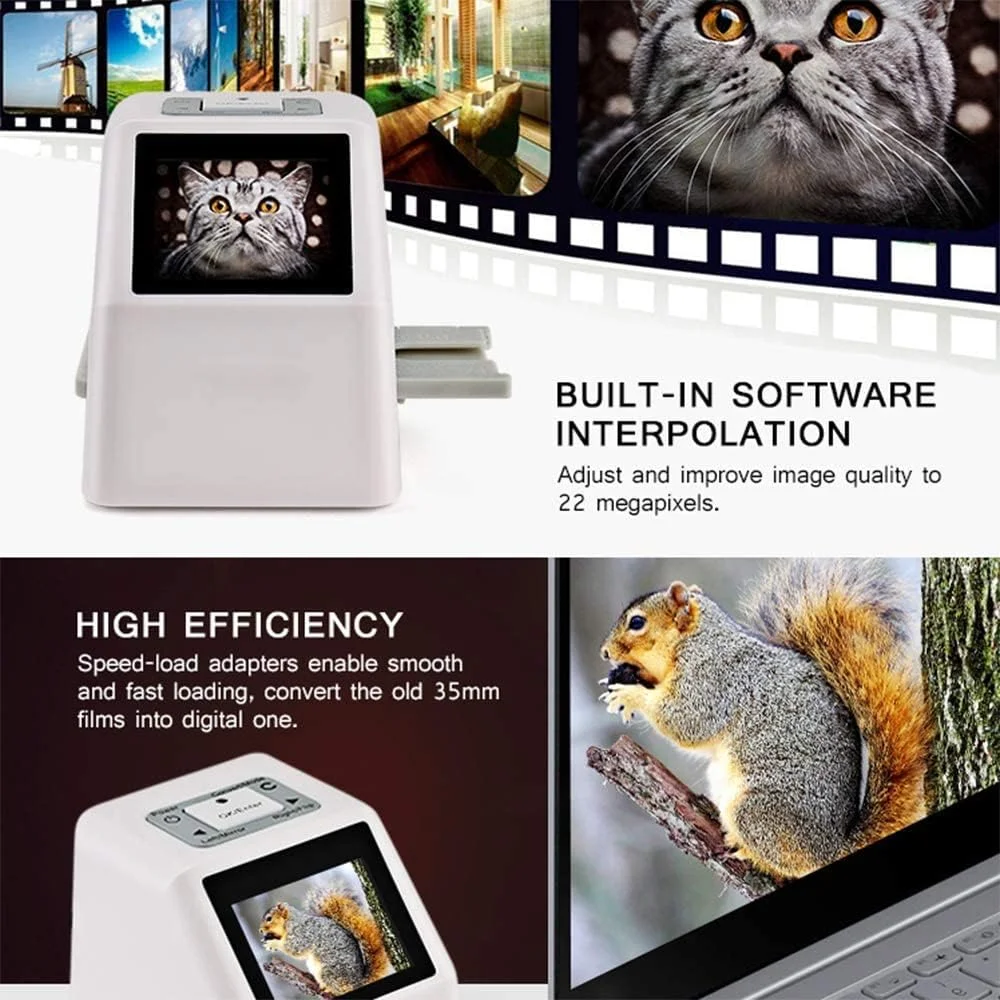 اسکنر فیلم و اسلاید، تبدیل نگاتیو و اسلایدهای 35 میلیمتری، 126، 110، سوپر 8 و 8 میلیمتری به تصاویر JPEG 22 مگاپیکسلی، دارای 128 مگابایت حافظه داخلی، صفحه نمایش 2.4 اینچی LCD اسکنر فیلم و اسلاید، تبدیل نگاتیو و اسلایدهای 35 میلیمتری، 126، 110، سوپر 8 و 8 میلیمتری به تصاویر JPEG 22 مگاپیکسلی، دارای 128 مگابایت حافظه داخلی، صفحه نمایش 2.4 اینچی LCD