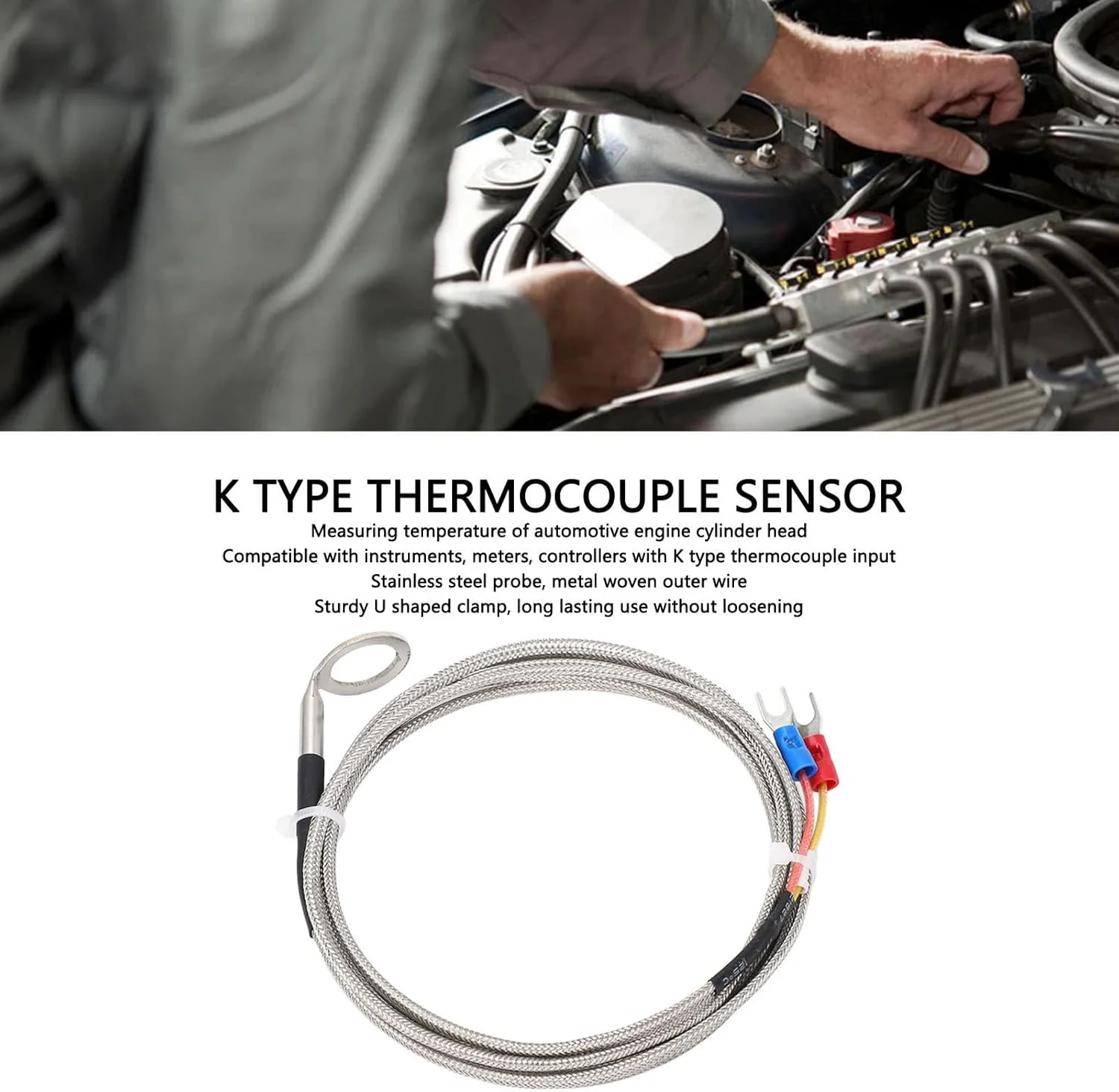 سنسور ترموکوپل نوع K خمیده، پروب اندازه گیری دما، سنسور دمای سرسیلندر استیل ضد زنگ برای اندازه گیری CHT موتور خودرو با واشر شناسه 14 میلی متری، سیم بافته فلزی