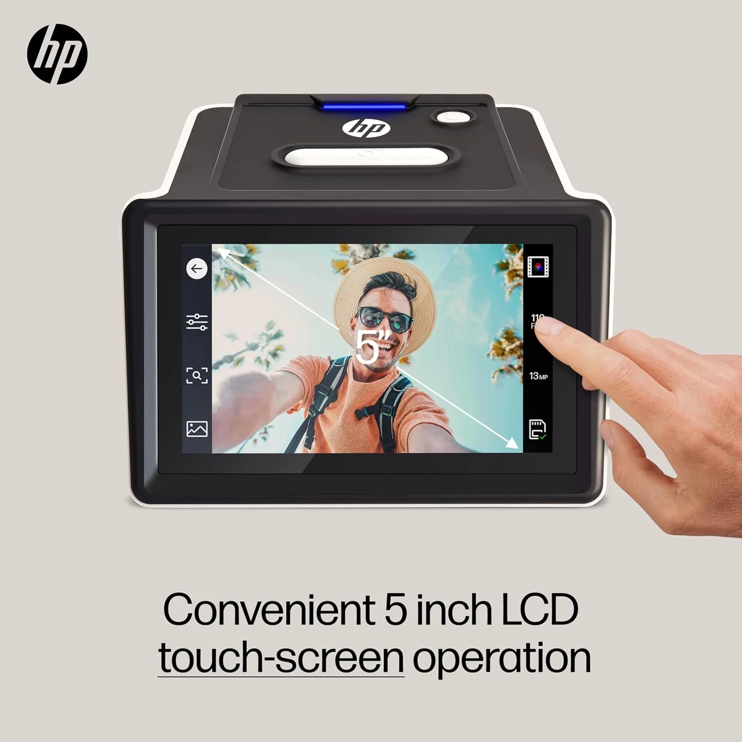 اسکنر فیلم و اسلاید HP با صفحه لمسی و نمایشگر 5 اینچی LCD، تبدیل سریع نگاتیو و اسلاید به عکس های دیجیتال 22 مگاپیکسلی JPEG، سازگار با فیلم و اسلاید 135، 126 و 110