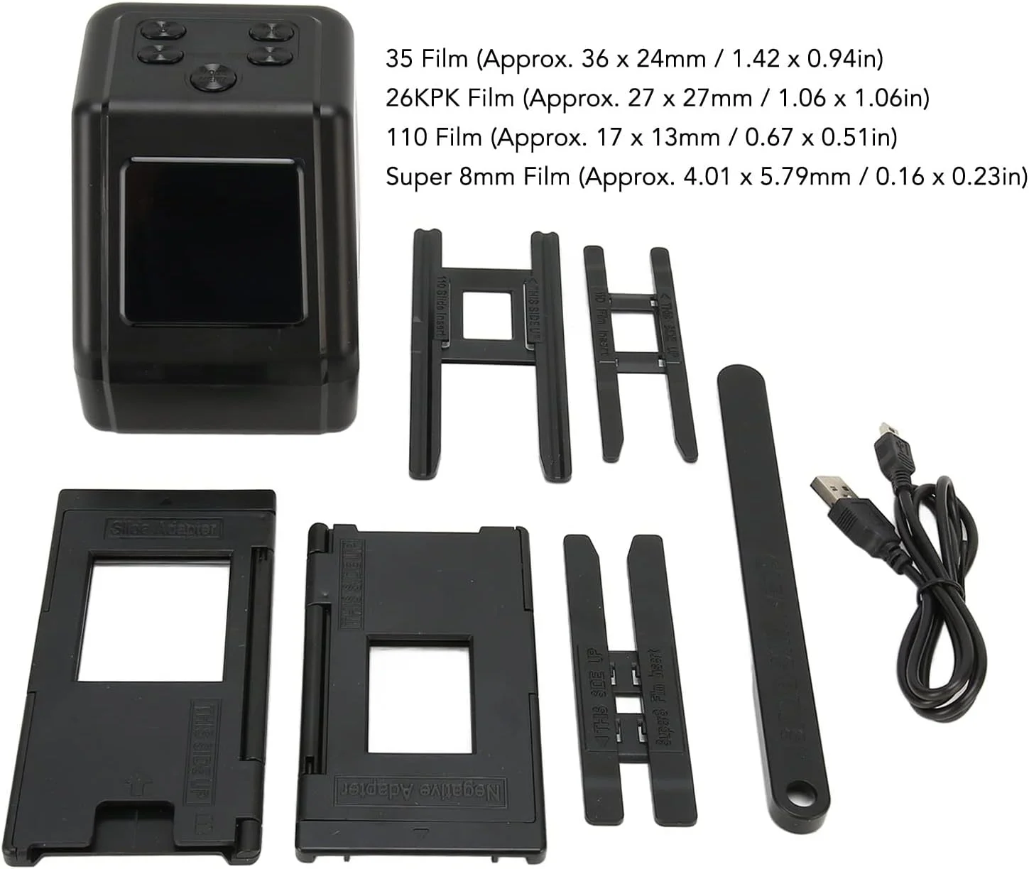 اسکنر فیلم و اسلاید دیجیتال، نمایشگر اسلاید و فیلم با صفحه نمایش 2.0 اینچی LCD، تبدیل فیلم های 135، 110، 126 و سوپر 8، اسلایدها، نگاتیوها به عکس های دیجیتال JPG، قابلیت تنظیم روشنایی