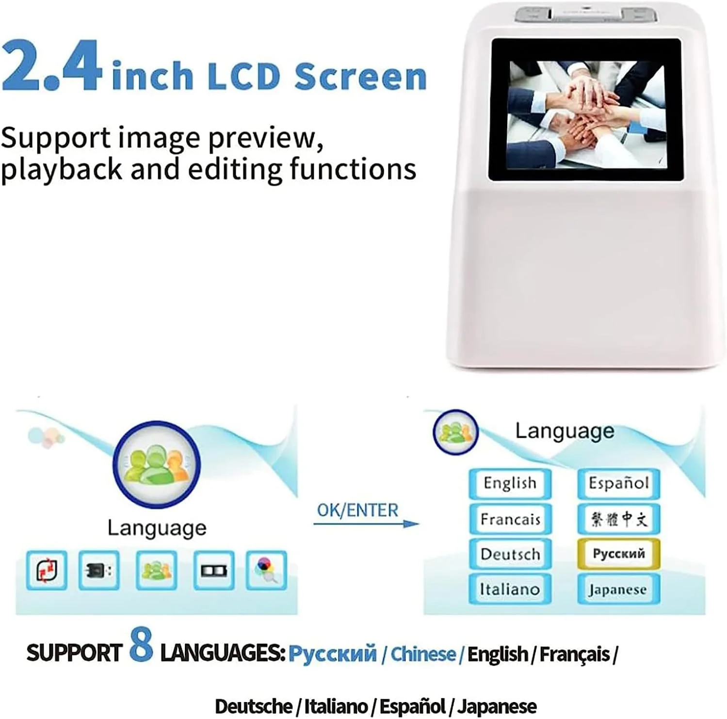 اسکنر فیلم، اسکنر اسلاید 22 مگاپیکسلی 35/135 میلی‌متری، دیجیتایزر فیلم 110/126KPK، صفحه نمایش LCD 2.4 اینچی، تبدیل اسلاید و نگاتیو به JPEG