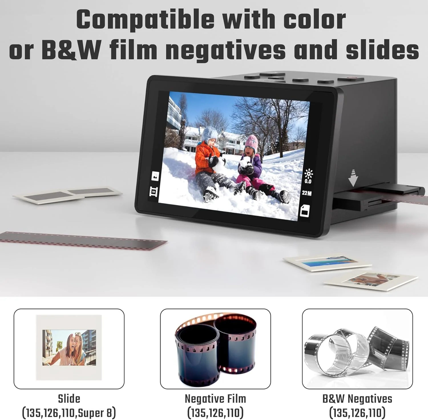 اسکنر فیلم و اسلاید دیجیتال با نمایشگر LCD 5 اینچی، تبدیل نگاتیو و اسلاید های رنگی و سیاه و سفید 135/110/126 KPK و اسلایدهای سوپر 8 به عکس های 22 مگاپیکسلی JPEG اسکنر فیلم و اسلاید دیجیتال با نمایشگر LCD 5 اینچی، تبدیل نگاتیو و اسلاید های رنگی و سیاه و سفید 135/110/126 KPK و اسلایدهای سوپر 8 به عکس های 22 مگاپیکسلی JPEG