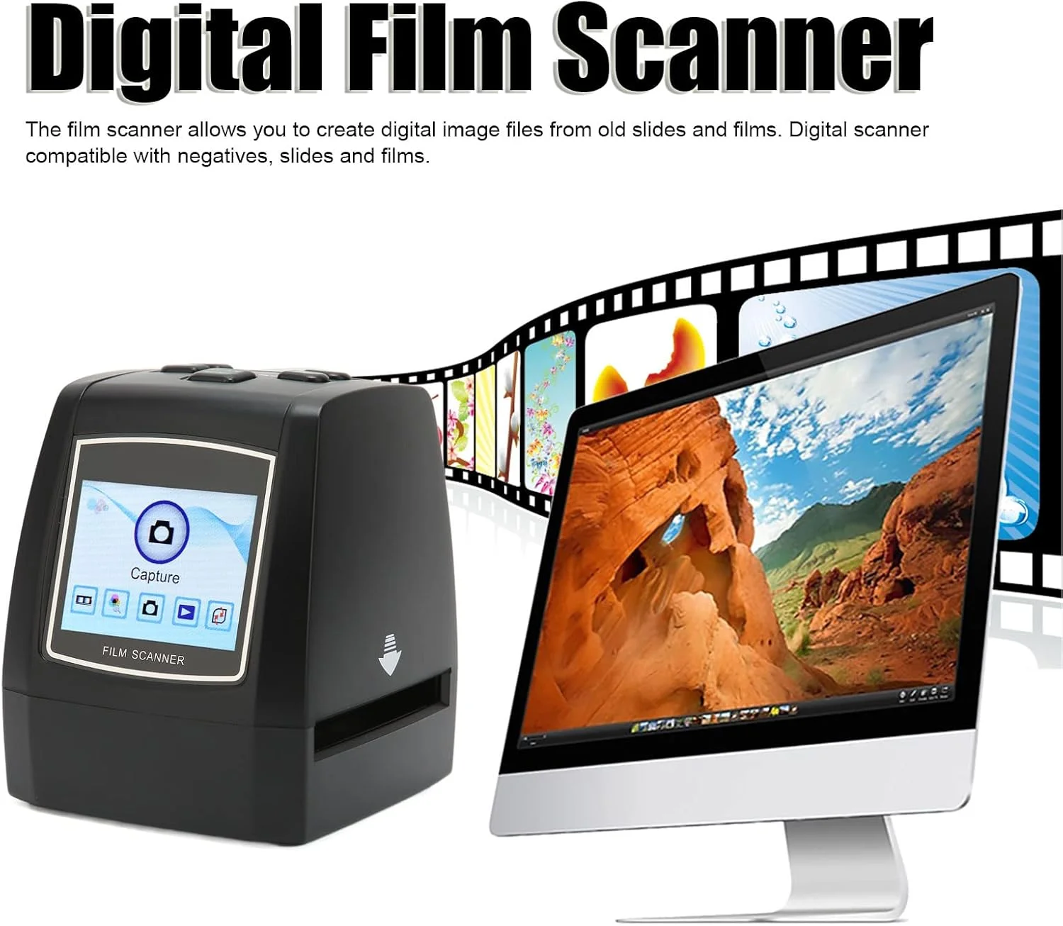 اسکنر فیلم و اسلاید دیجیتال، اسکنر نگاتیو همه کاره، با صفحه نمایش 2.4 اینچی LCD، اسکنر عکس قابل حمل، 14/22 مگاپیکسل، پشتیبانی از چند زبان، برای اسلایدهای نگاتیو رنگی سیاه و سفید (UK)