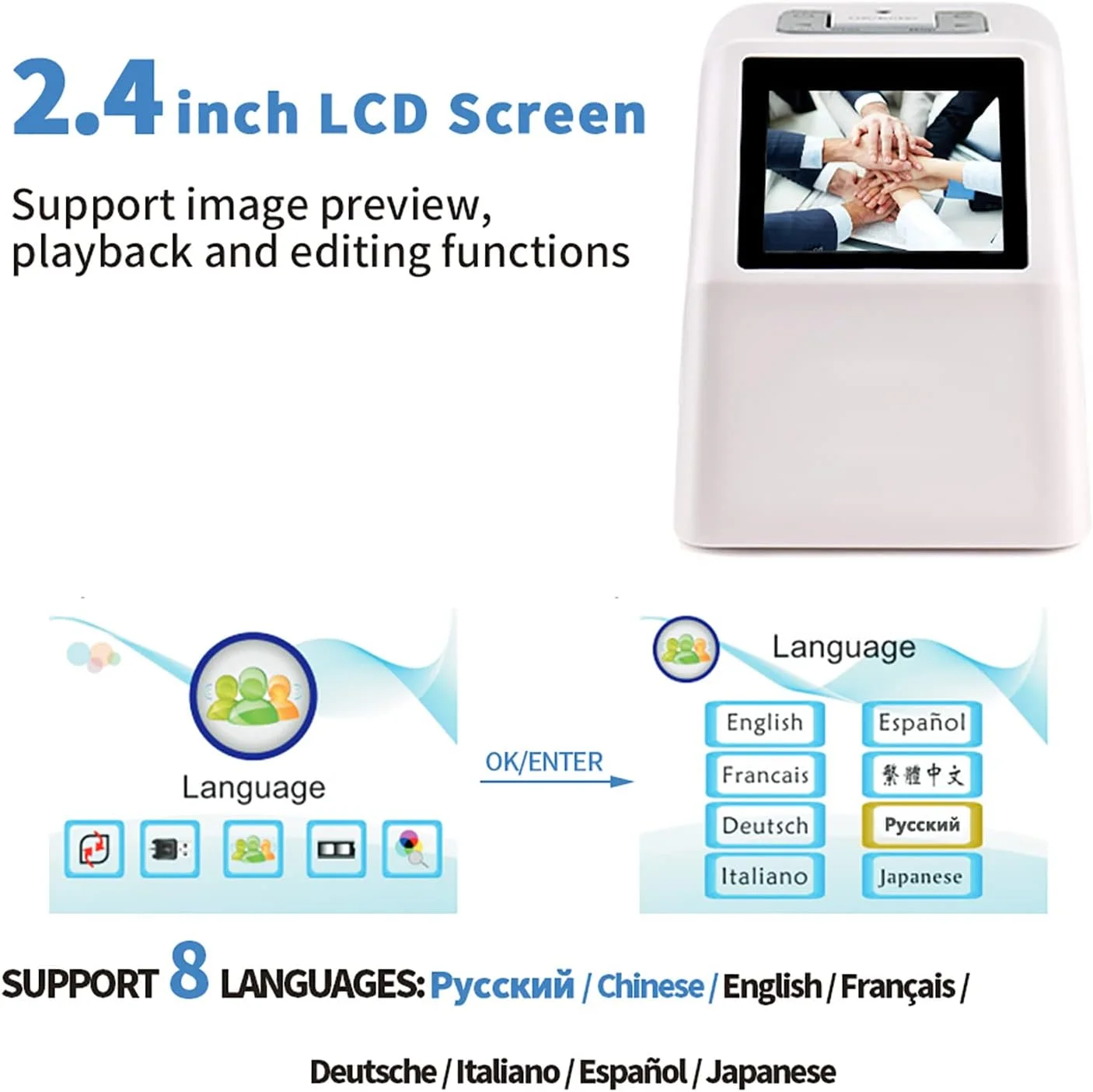 اسکنر اسلاید فیلم، نمایشگر اسلاید با صفحه نمایش 2.4 اینچی LCD، تبدیل فیلم نگاتیو و اسلاید 35 میلی متری، 126، 110، سوپر 8 به JPEG دیجیتال و ذخیره در کارت SD