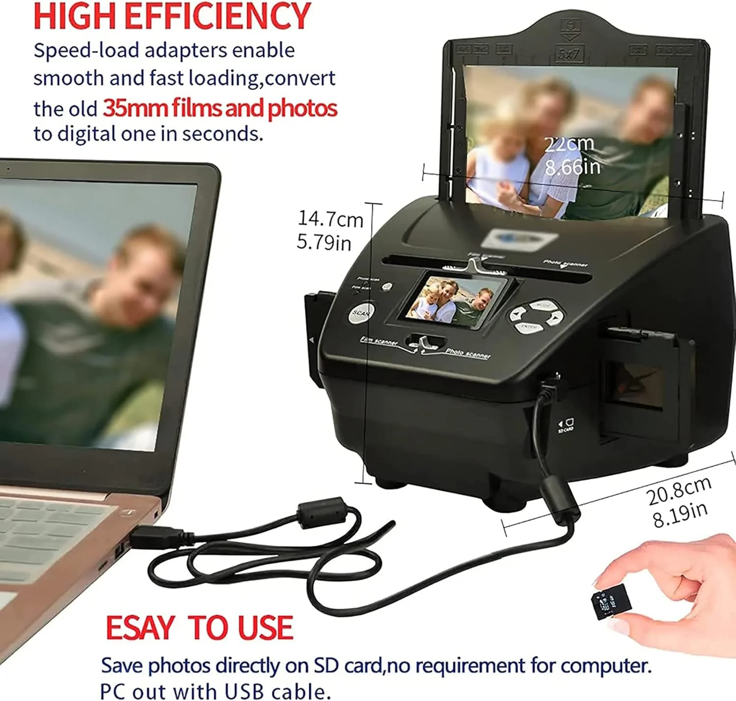 تبدیل کننده عکس دیجیتال، اسکنر فیلم و اسلاید دیجیتال، صفحه نمایش ال سی دی 2.4 اینچی، قابلیت گرفتن عکس در اندازه های 3 ½"x5'',4''x6'',5''x7''، اسلایدها و نگاتیوهای 35 میلی متری و کارت های شناسایی، سازگار با مک و کامپیوتر