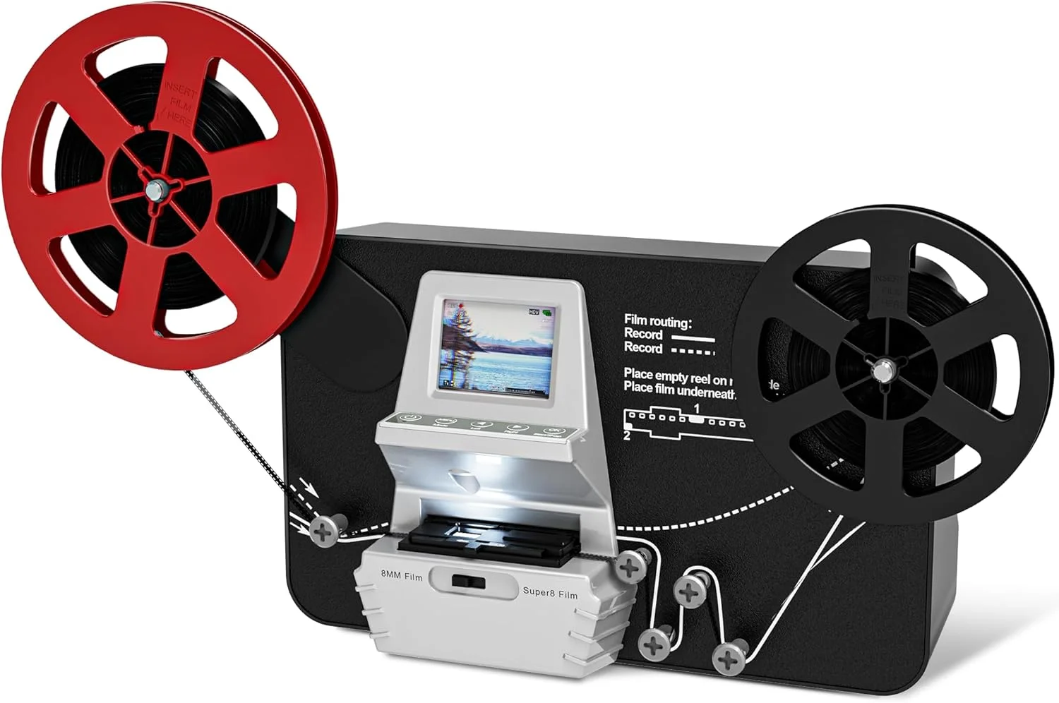 تبدیل کننده فیلم 8 میلی متری و سوپر 8 به دیجیتال، اسکنر فیلم، حلقه ها را فریم به فریم به فایل های دیجیتال MP4 تبدیل می کند، دارای صفحه نمایش 2.4 اینچی و کارت SD 32 گیگابایتی، برای حلقه های 3، 5، 7 و 9 اینچی