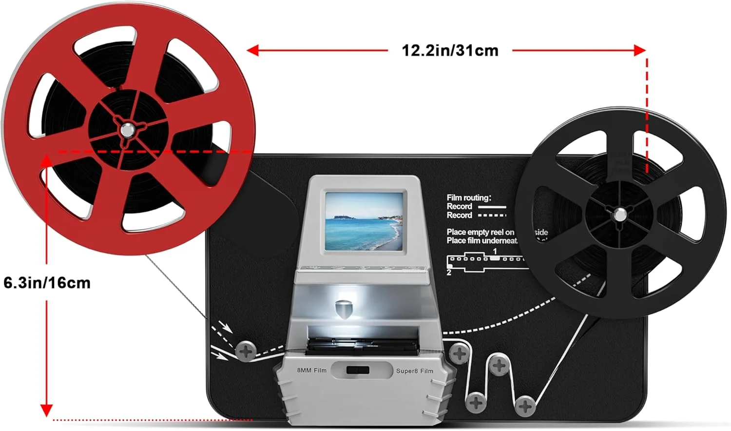 تبدیل کننده فیلم 8 میلی متری و سوپر 8 به دیجیتال، اسکنر فیلم، حلقه ها را فریم به فریم به فایل های دیجیتال MP4 تبدیل می کند، دارای صفحه نمایش 2.4 اینچی و کارت SD 32 گیگابایتی، برای حلقه های 3، 5، 7 و 9 اینچی