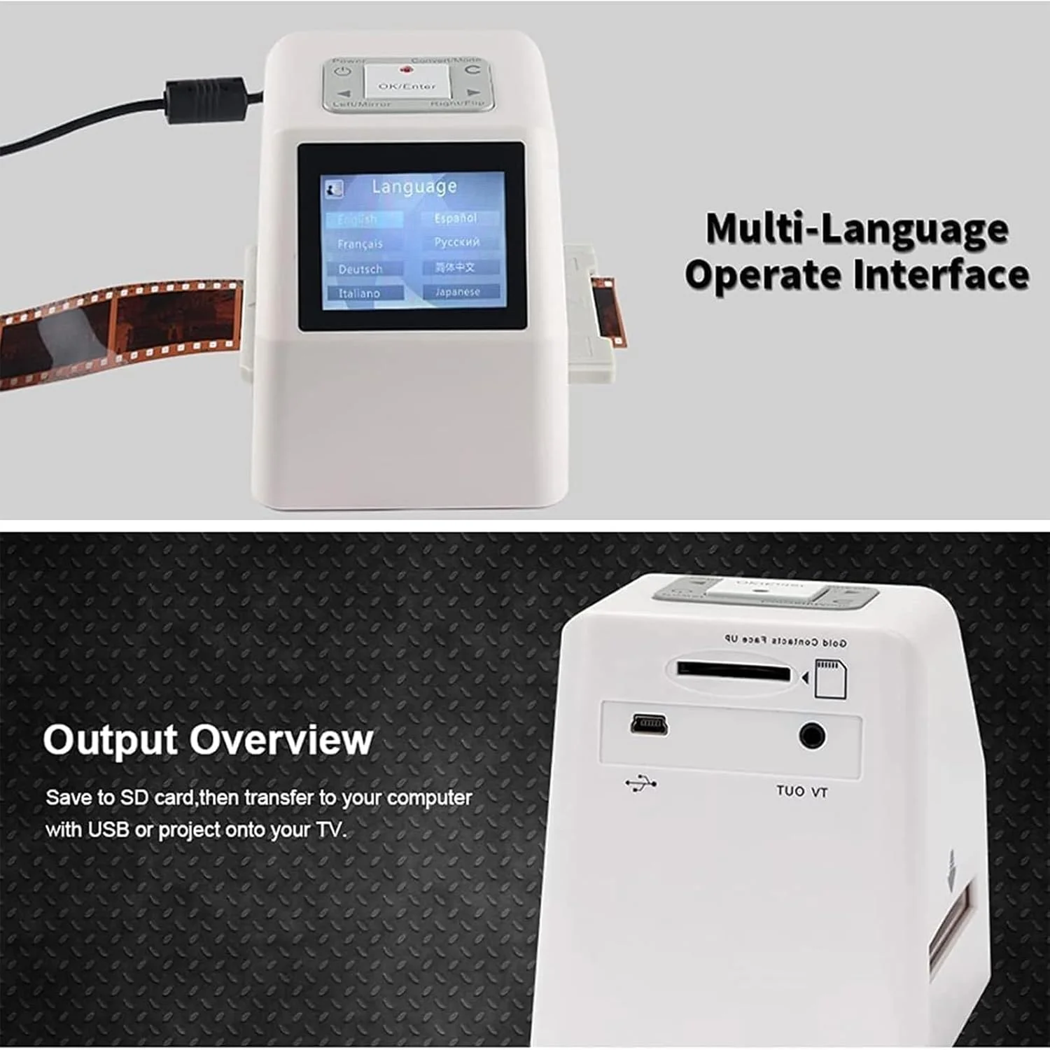 اسکنر اسلاید فیلم دیجیتال، صفحه نمایش ال سی دی 2.4 اینچی، پشتیبانی از خروجی USB، قابلیت تنظیم برای کار در چندین زبان، تبدیل نگاتیوهای رنگی، سیاه و سفید، اسلاید 35 میلی متری، 126، 110، نگاتیوهای فیلم سوپر 8 و اسلاید اسکنر اسلاید فیلم دیجیتال، صفحه نمایش ال سی دی 2.4 اینچی، پشتیبانی از خروجی USB، قابلیت تنظیم برای کار در چندین زبان، تبدیل نگاتیوهای رنگی، سیاه و سفید، اسلاید 35 میلی متری، 126، 110، نگاتیوهای فیلم سوپر 8 و اسلاید