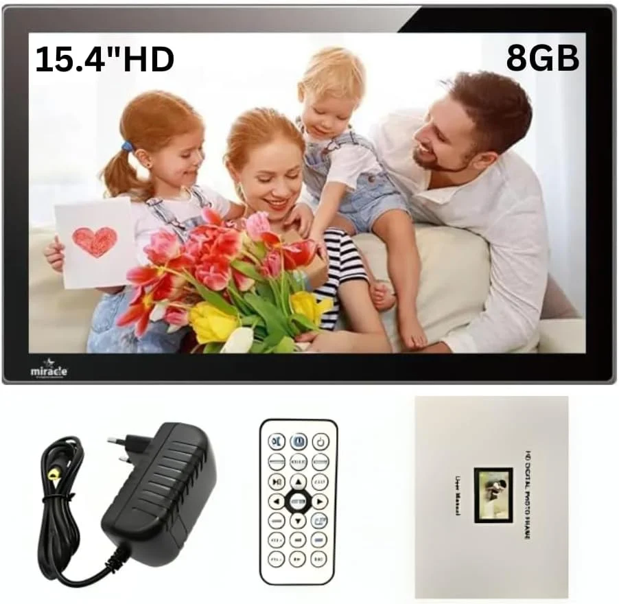 قاب عکس دیجیتال 15.4 اینچی Miracle Digital با روکش آینه‌ای ممتاز، USB، کارت SD، نمایش اسلاید عکس از راه دور، ویدئو با حافظه داخلی 8 گیگابایتی و رم 2 گیگابایتی