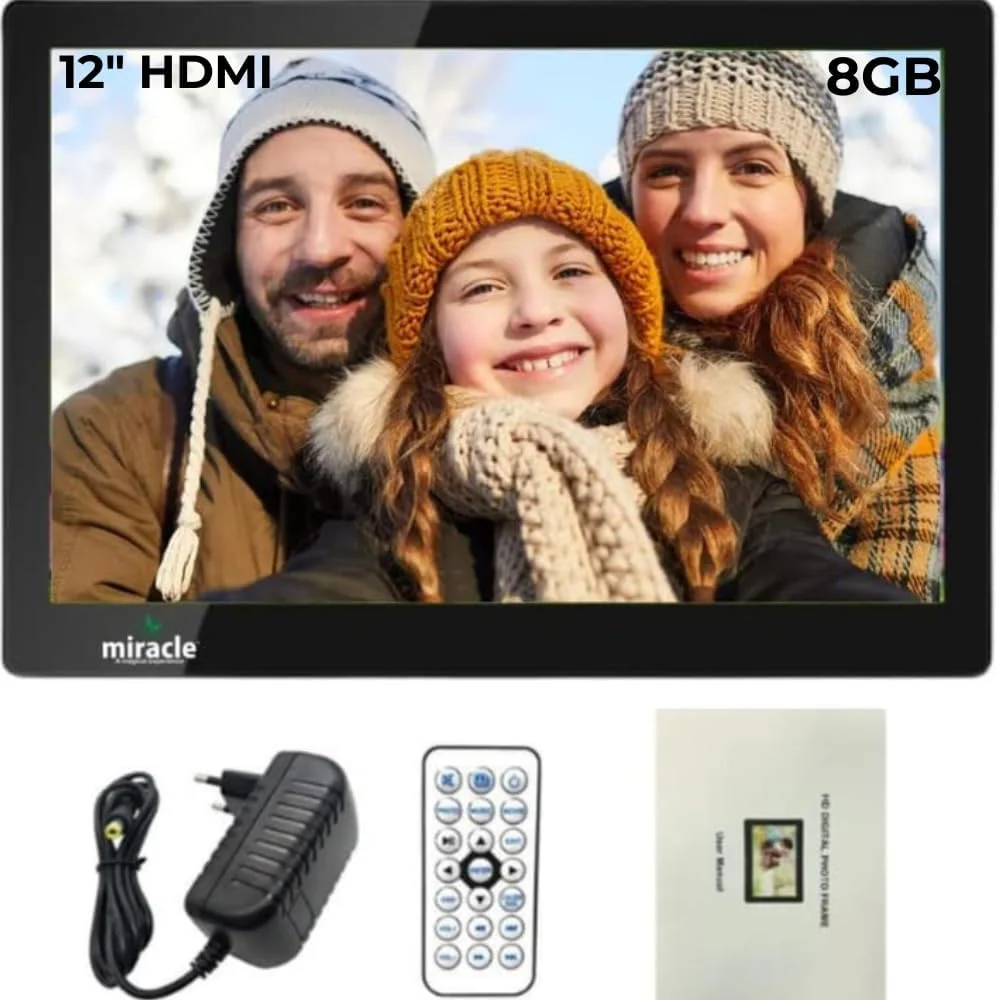 قاب عکس دیجیتال 12 اینچی HDMI Hi-Def Miracle Digital با روکش آینه ای ممتاز، USB، کارت SD، Mini USB، نمایش اسلاید عکس از راه دور، ویدئو با حافظه داخلی 8 گیگابایتی، 2 گیگابایت رم و 2 بلندگوی استریو داخلی