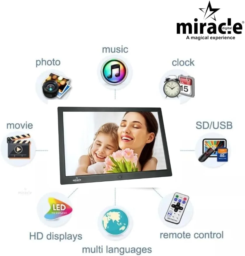 قاب عکس دیجیتال 15.4 اینچی Miracle Digital با روکش آینهای ممتاز، USB، کارت SD، نمایش اسلاید عکس از راه دور، ویدئو با حافظه داخلی 8 گیگابایتی و رم 2 گیگابایتی قاب عکس دیجیتال 15.4 اینچی Miracle Digital با روکش آینهای ممتاز، USB، کارت SD، نمایش اسلاید عکس از راه دور، ویدئو با حافظه داخلی 8 گیگابایتی و رم 2 گیگابایتی