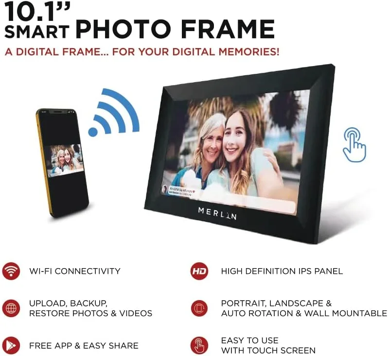 قاب عکس هوشمند وای فای Merlin با صفحه نمایش 10.1 اینچی، اتصال وای فای و برنامه، قاب دیجیتال برای حالت عمودی، افقی، چرخش خودکار و قابلیت نصب روی دیوار برای به اشتراک گذاری تصاویر و ویدیوها قاب عکس هوشمند وای فای Merlin با صفحه نمایش 10.1 اینچی، اتصال وای فای و برنامه، قاب دیجیتال برای حالت عمودی، افقی، چرخش خودکار و قابلیت نصب روی دیوار برای به اشتراک گذاری تصاویر و ویدیوها