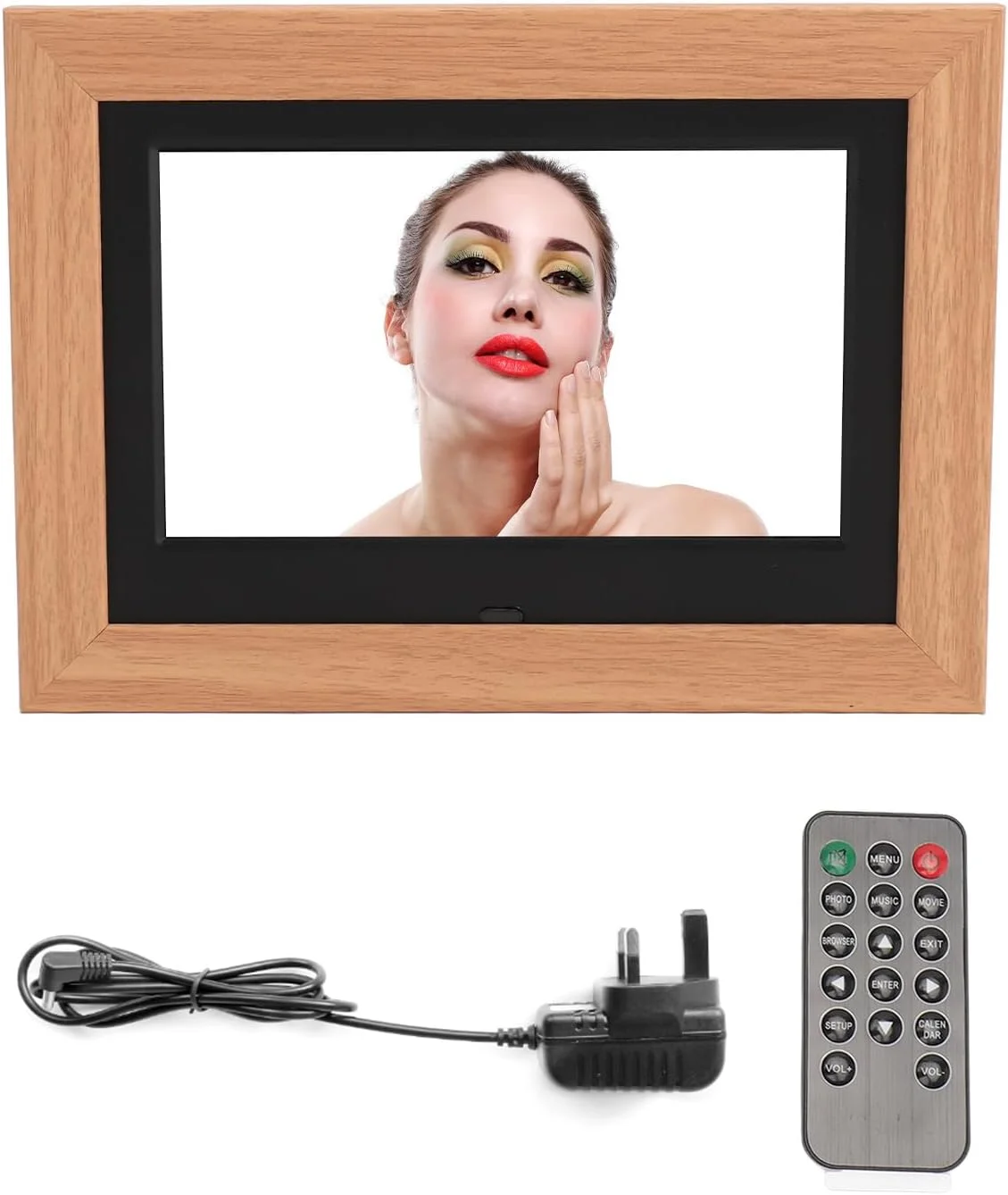 قاب عکس دیجیتال، قاب عکس الکترونیکی چوبی 7 اینچی IPS HD با کنترل از راه دور و موسیقی پس زمینه، برای دکوراسیون منزل (دوشاخه UK)