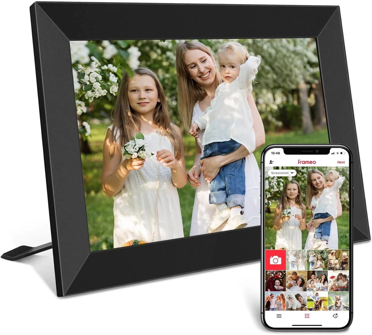 قاب عکس دیجیتال هوشمند وای فای MAKINGTEC FRAMEO با صفحه نمایش لمسی 10.1 اینچی IPS LCD با رزولوشن 1280x800، چرخش خودکار عمودی و افقی، حافظه داخلی 16 گیگابایتی، اشتراک گذاری فوری لحظات از طریق برنامه Frameo از هر کجا