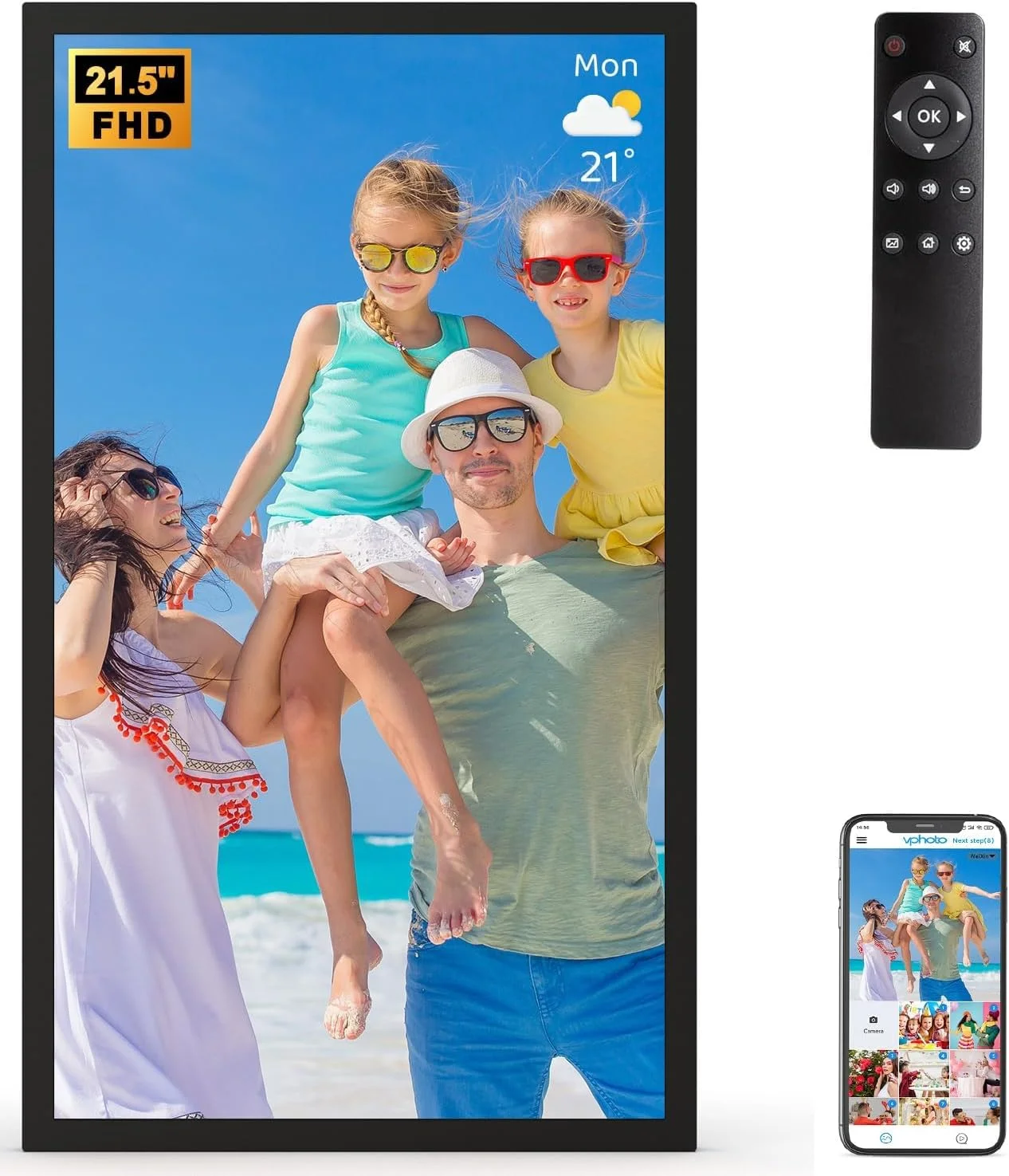 قاب عکس دیجیتال بزرگ 21.5 اینچی - قاب عکس دیجیتال IPS FHD WiFi با کیفیت 1920x1080، حافظه 32 گیگابایتی 1080P، همگام سازی تلفن، چرخش خودکار، قابلیت نصب روی دیوار، اشتراک گذاری عکس/فیلم از طریق برنامه ایمیل، هدیه برای مادر و پدر