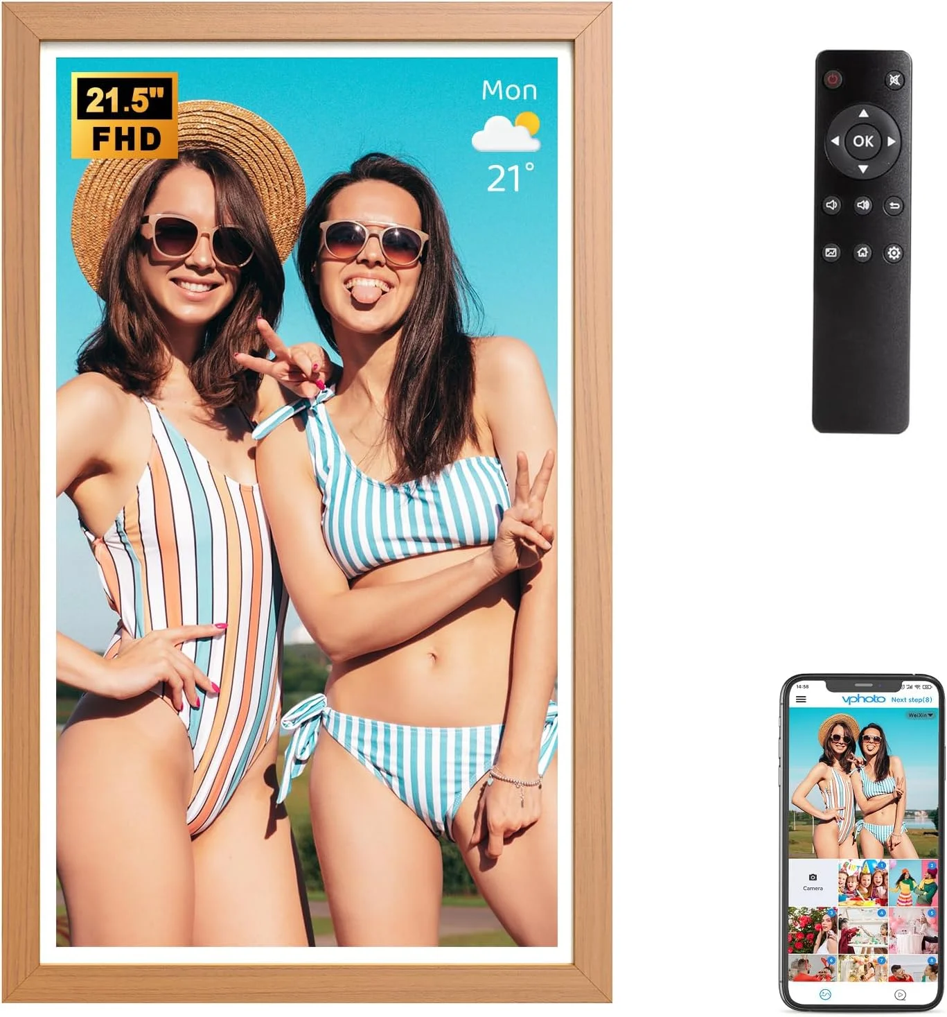 قاب عکس دیجیتال بزرگ هوشمند - صفحه نمایش 21.5 اینچی IPS با کیفیت 1920x1080، همگام سازی صفحه نمایش تلفن، انعکاس صفحه نمایش تلفن شما در قاب برنامه، ارسال عکس از طریق برنامه، هدیه برای خانواده (طرح چوب)