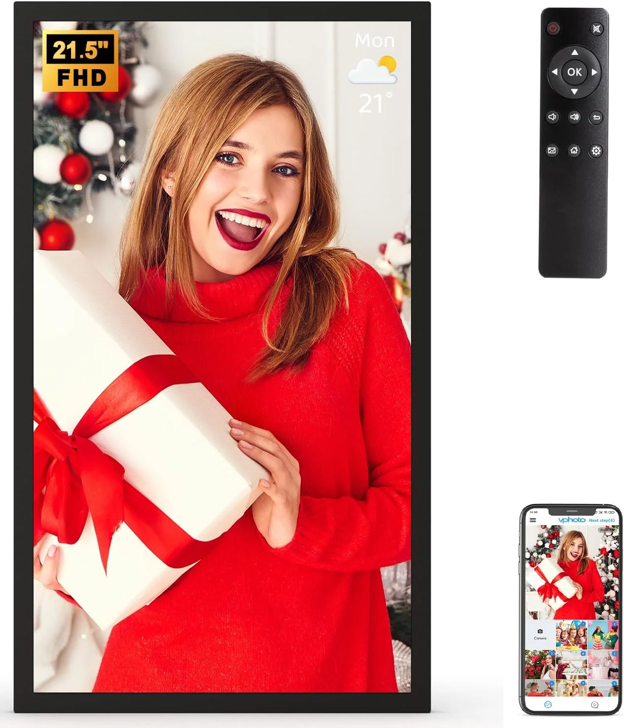 قاب عکس دیجیتال بزرگ وای فای 21.5 اینچی - 32 گیگابایت، IPS FHD 1920x1080، چرخش خودکار، اشتراک گذاری عکس و فیلم از طریق برنامه ایمیل، فضای ذخیره سازی ابری رایگان، قابلیت نصب روی دیوار، هدیه ای برای پدربزرگ مادربزرگ پدر مادر