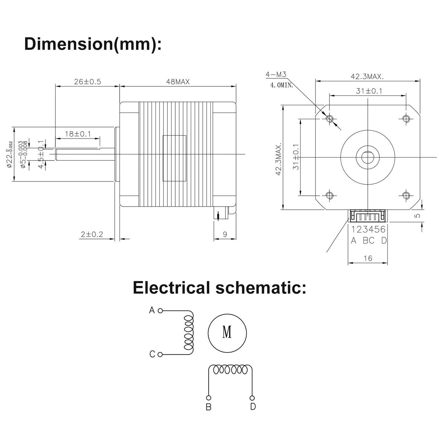 موتور پله ای دو فاز 4 سیمه 42x42x48 میلی متر، 78 اونس-اینچ، 1.5 آمپر، 1.8 درجه Nema 17 برای دستگاه چاپگر سه بعدی