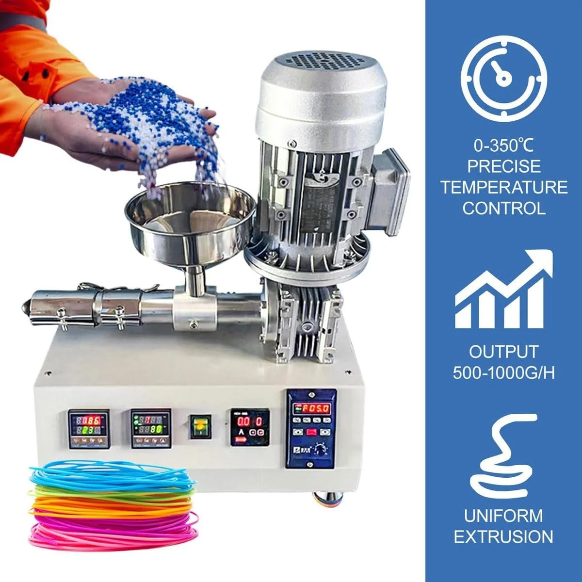 اکسترودر چاپگر سه بعدی، دستگاه تولید کننده فیلامنت اکسترودر پلت رومیزی 1000 واتی با کنترل PID 0-350 درجه سانتیگراد و اندازه پورت تخلیه اختیاری، خروجی 500-1000 گرم در ساعت، برای ABS/TPU/PET اکسترودر چاپگر سه بعدی، دستگاه تولید کننده فیلامنت اکسترودر پلت رومیزی 1000 واتی با کنترل PID 0-350 درجه سانتیگراد و اندازه پورت تخلیه اختیاری، خروجی 500-1000 گرم در ساعت، برای ABS/TPU/PET