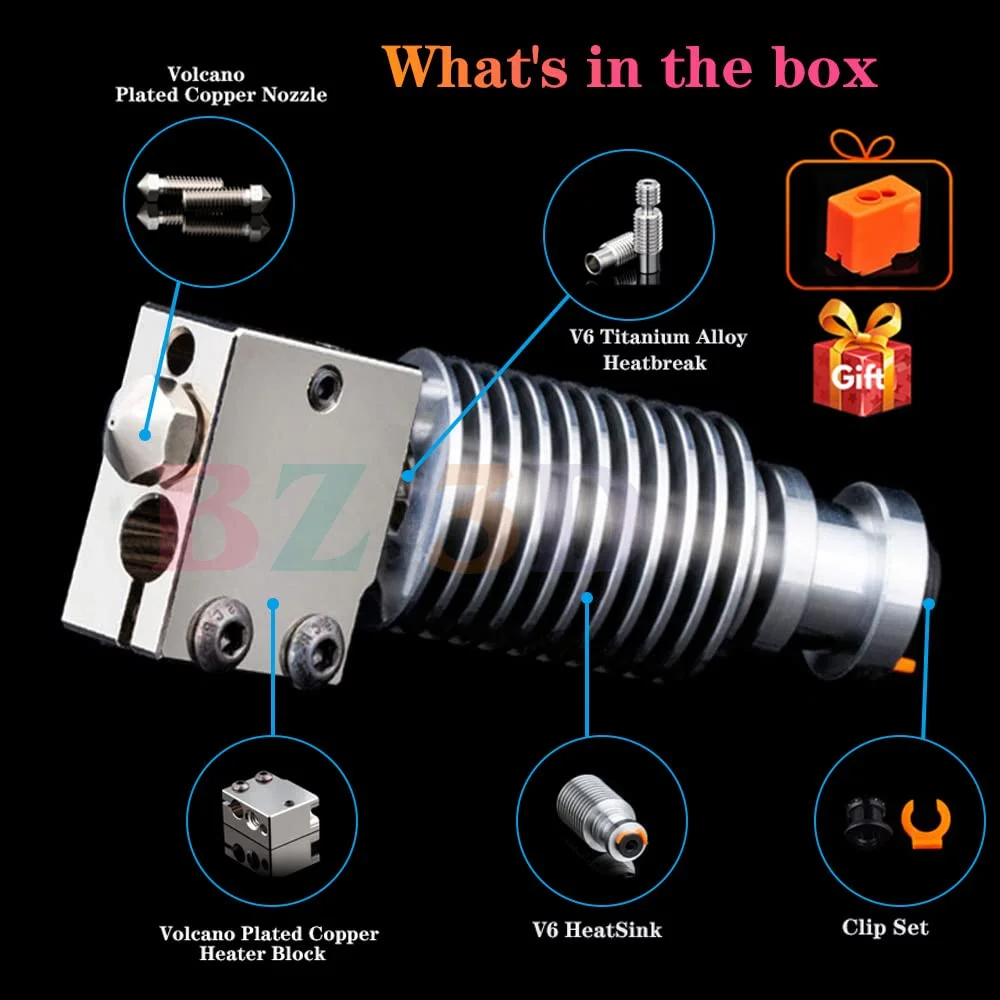 هات‌اند تمام فلزی ولکانو V6 با روکش مس، نازل ولکانو با دمای بالای 500 درجه سانتیگراد 0.4 میلی‌متر، بلوک گرمکن برای هات‌اند ولکانو V6.