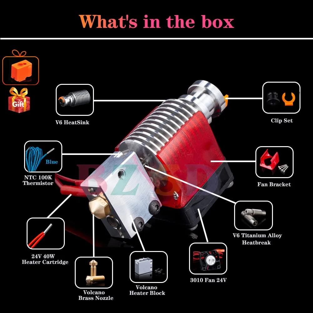 کیت کامل هاتاند تمام فلزی V6 Volcano، هاتاند مستقیم و بوودن J-Head 40W 24V، نازل برنجی 0.4، هیت بریک آلیاژ تیتانیوم برای پرینترهای سه بعدی V6 Volcano Hotend، Titan، اکسترودر Dual Driver. - تصویر 2 کیت کامل هاتاند تمام فلزی V6 Volcano، هاتاند مستقیم و بوودن J-Head 40W 24V، نازل برنجی 0.4، هیت بریک آلیاژ تیتانیوم برای پرینترهای سه بعدی V6 Volcano Hotend، Titan، اکسترودر Dual Driver. - تصویر 2