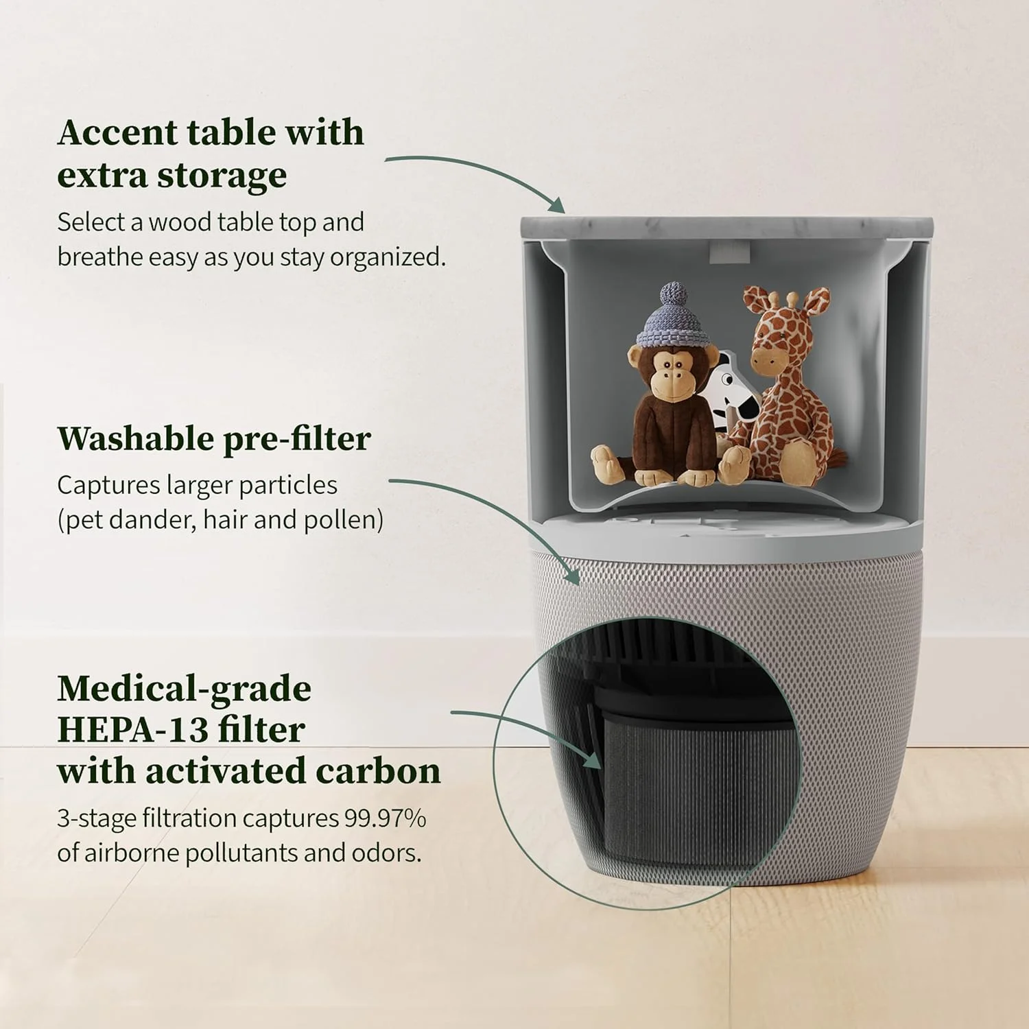 دستگاه تصفیه هوا Dupray Bloom™ برای اتاق های بزرگ با طراحی گلدان یا میز عسلی سفارشی | مناسب منزل، اتاق خواب، دفتر کار، گرد و غبار، حیوانات خانگی | فیلتراسیون هوا H13 HEPA (میز عسلی - مرمر، مرمر)