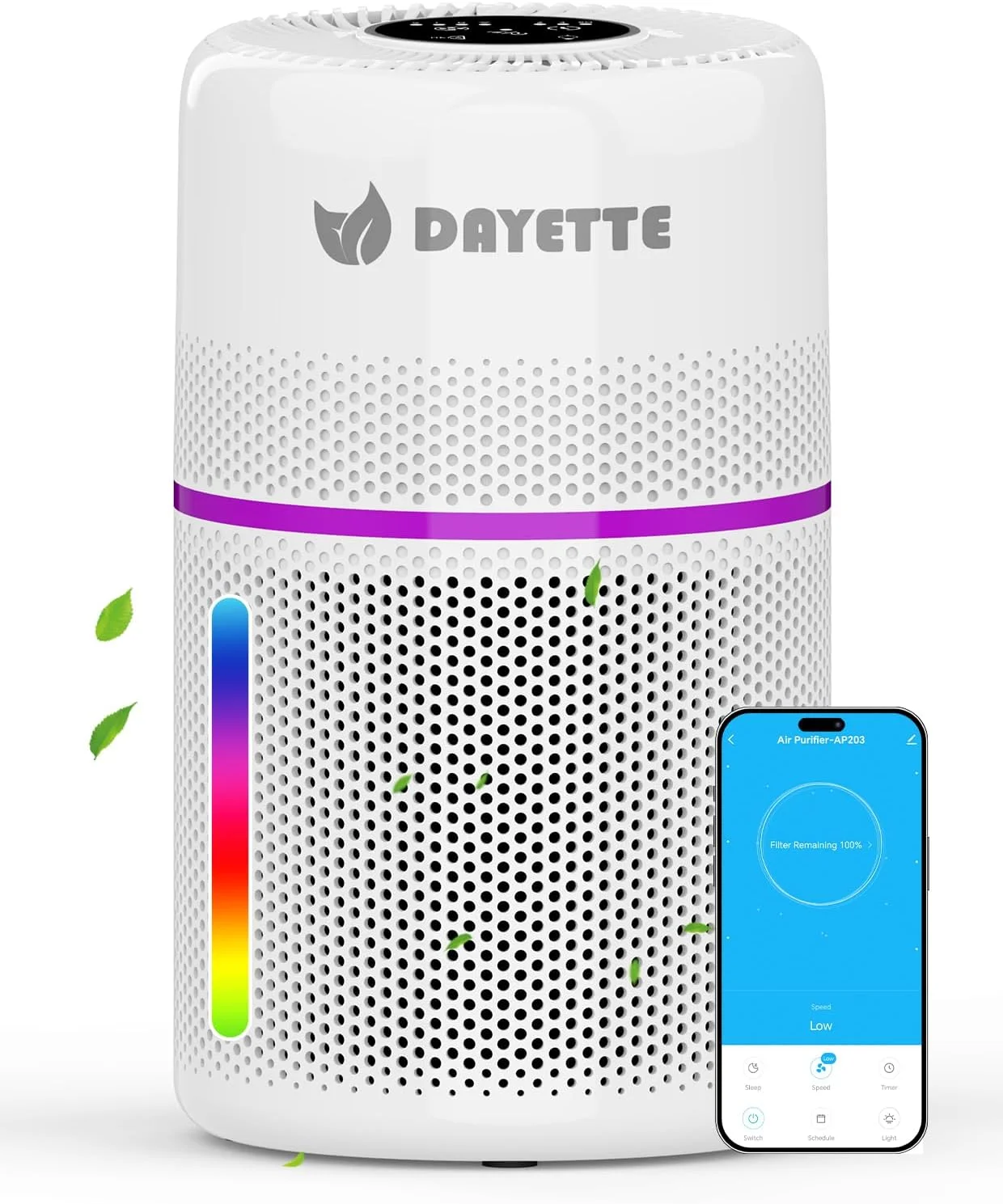 دستگاه تصفیه هوا برای اتاق خواب با نور 7 رنگ، تصفیه کننده هوشمند وای فای H13 DAYETTE برای خانه و اتاق بزرگ تا 140 متر مربع، کنترل از طریق اپلیکیشن و حالت خواب 20 دسی بل برای گرد و غبار، گرده، شوره حیوانات خانگی و دود