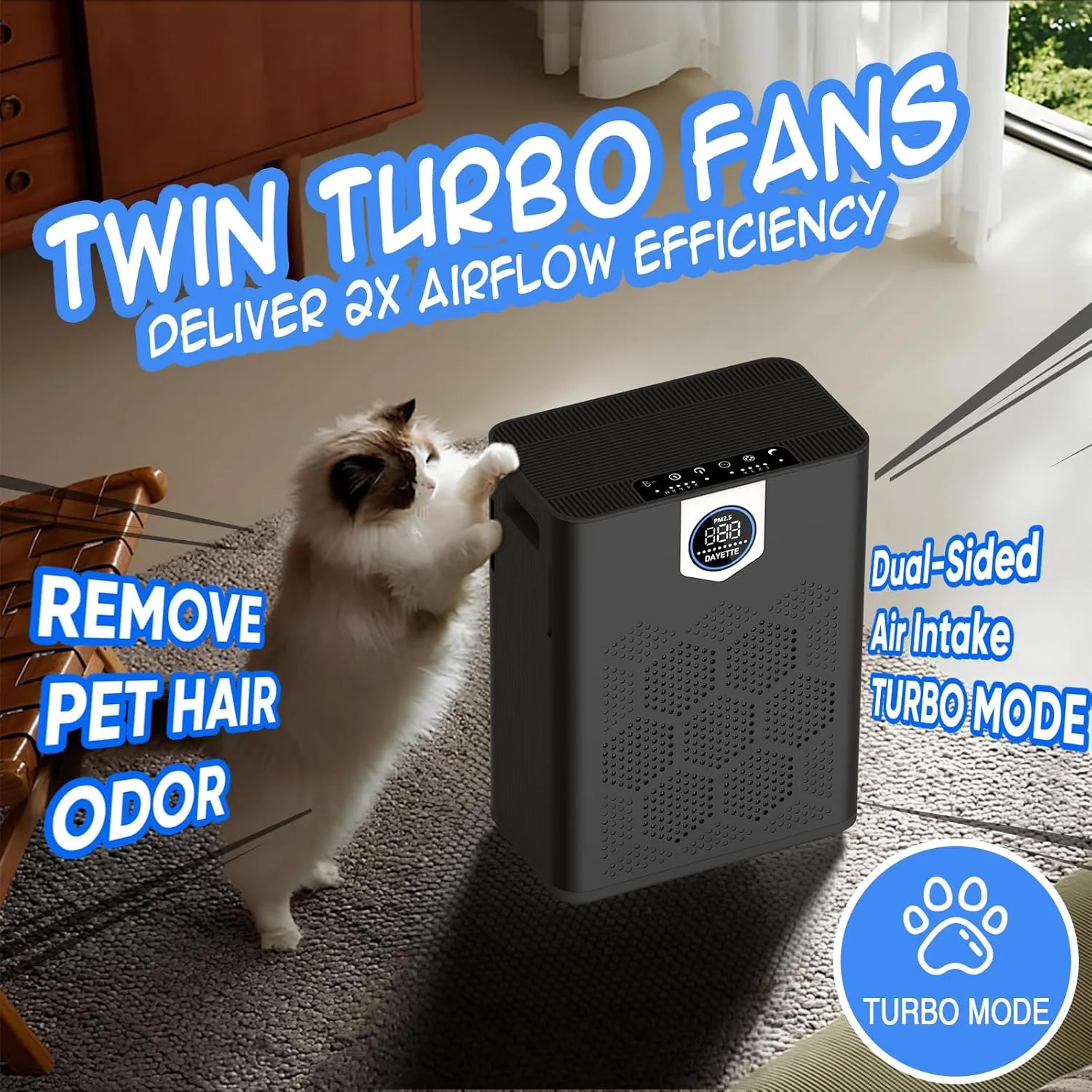 دستگاه تصفیه هوا DAYETTE مناسب برای اتاق بزرگ و اتاق خواب تا 280 متر مربع با پیش فیلتر قابل شستشو و نمایشگر کیفیت هوا و حالت خواب برای گرد و غبار و گرده، مشکی