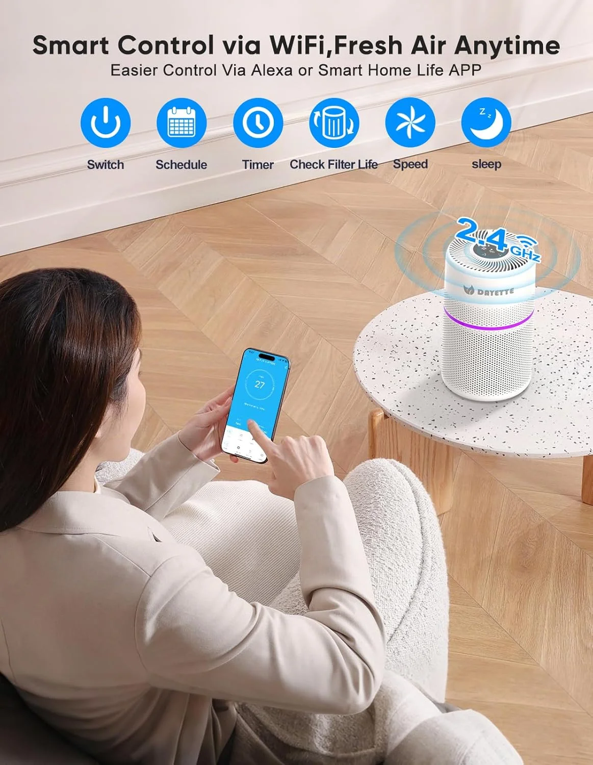 دستگاه تصفیه هوا برای اتاق خواب با نور 7 رنگ، تصفیه کننده هوشمند وای فای H13 DAYETTE برای خانه و اتاق بزرگ تا 140 متر مربع، کنترل از طریق اپلیکیشن و حالت خواب 20 دسی بل برای گرد و غبار، گرده، شوره حیوانات خانگی و دود